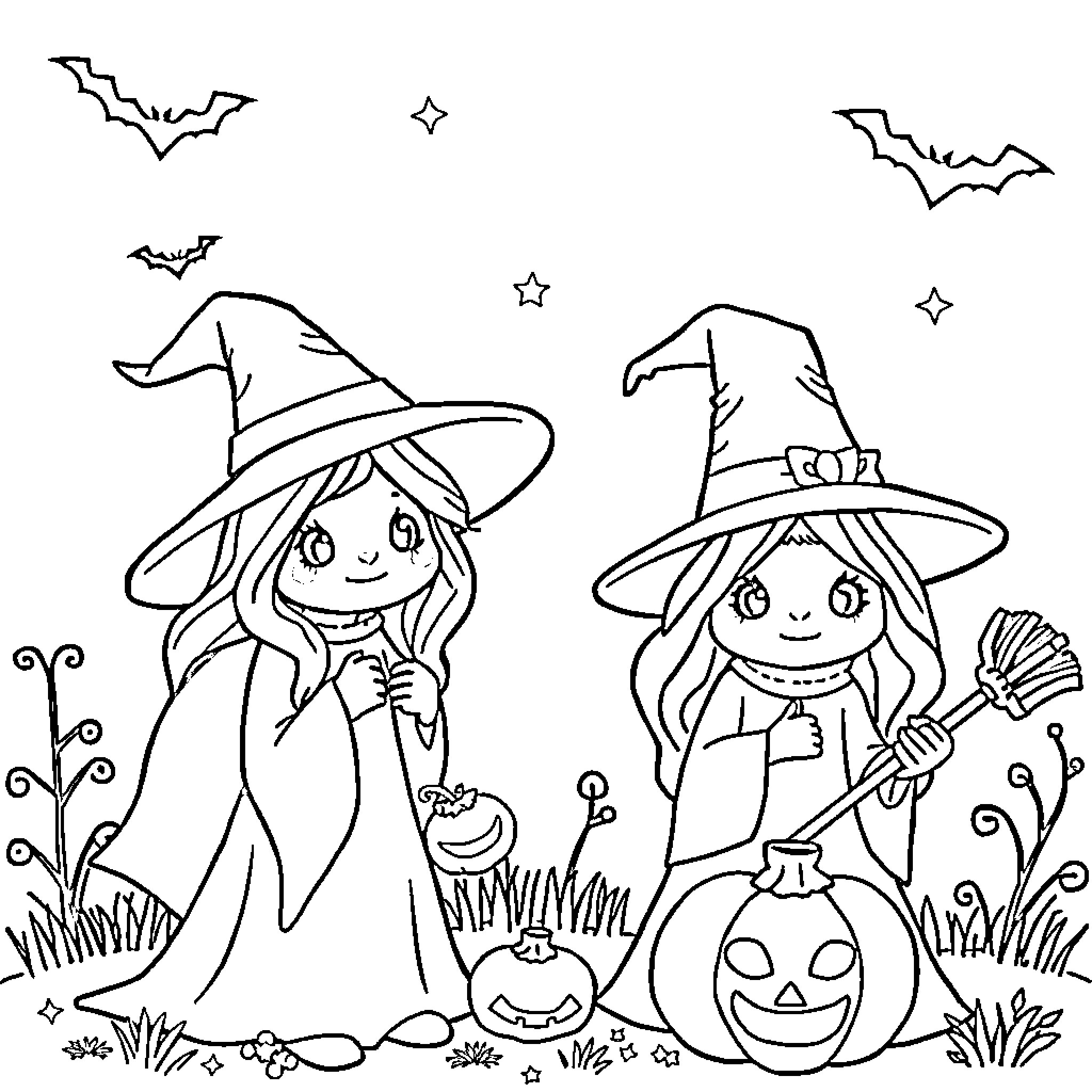 Witch girls in Halloween costumes and accessories Coloring Page (free black-and-white line drawing printable PDF for all, from beginners to advanced learners, including children, teens, adults, and seniors)