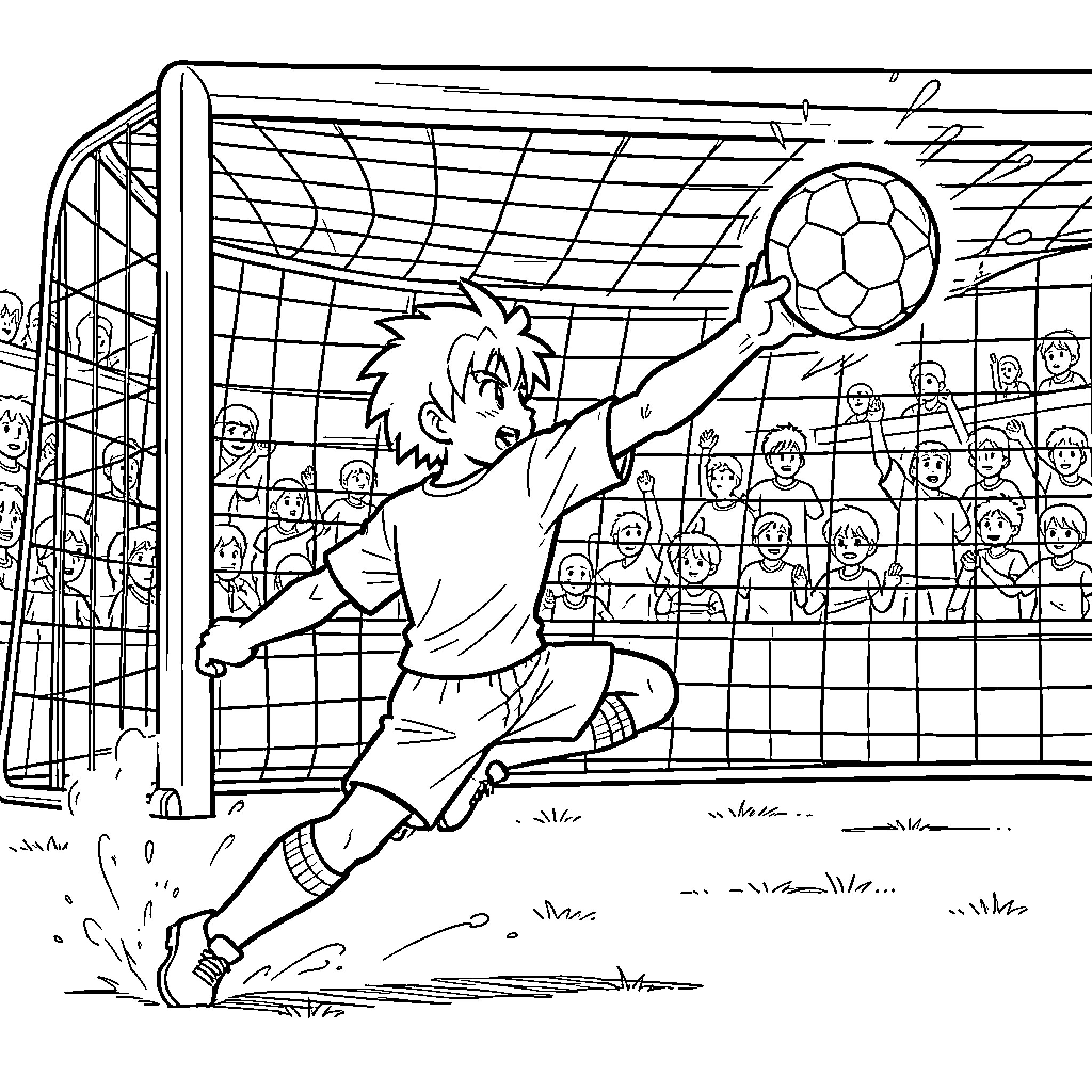 Zidane playing soccer and kicking a ball towards the goal Coloring Page (free black-and-white line drawing printable PDF for all, from beginners to advanced learners, including children, teens, adults, and seniors)