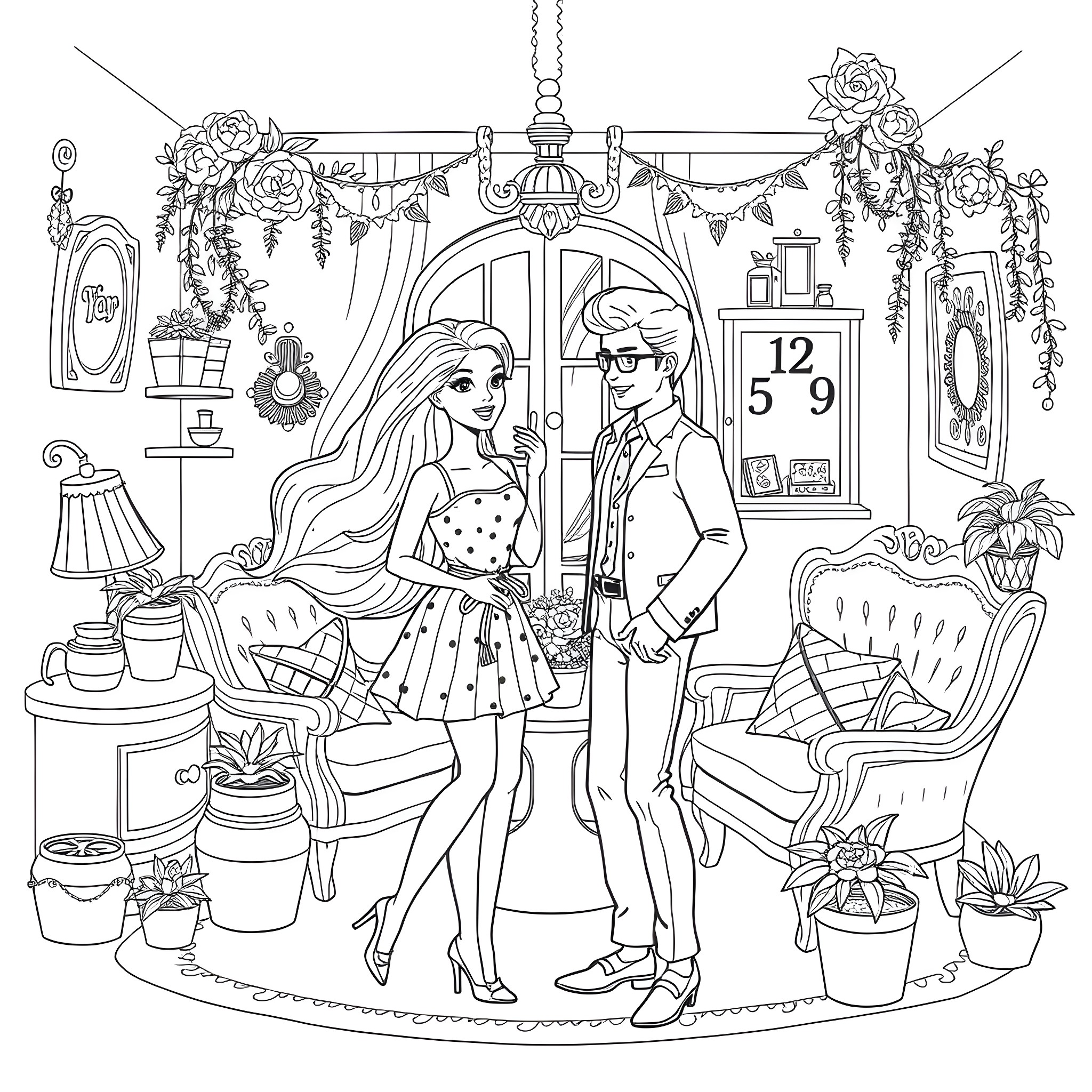 Barbie and Ken in a cozy home setting Coloring Page (free black-and-white line drawing printable PDF for all, from beginners to advanced learners, including children, teens, adults, and seniors)