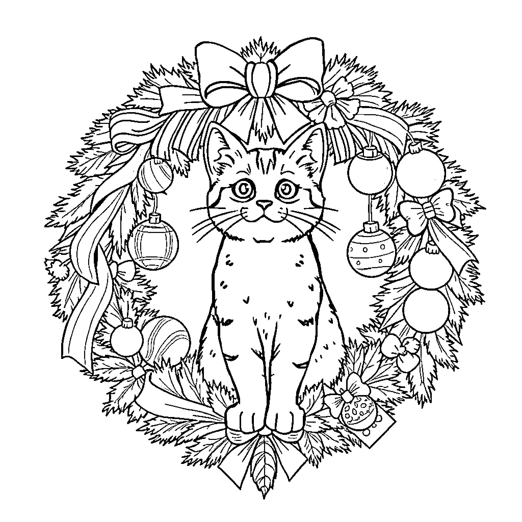 Wreath with Playful Cat Surrounded by Holiday Decorations Coloring Page (free black-and-white line drawing printable PDF for all, from beginners to advanced learners, including children, teens, adults, and seniors)