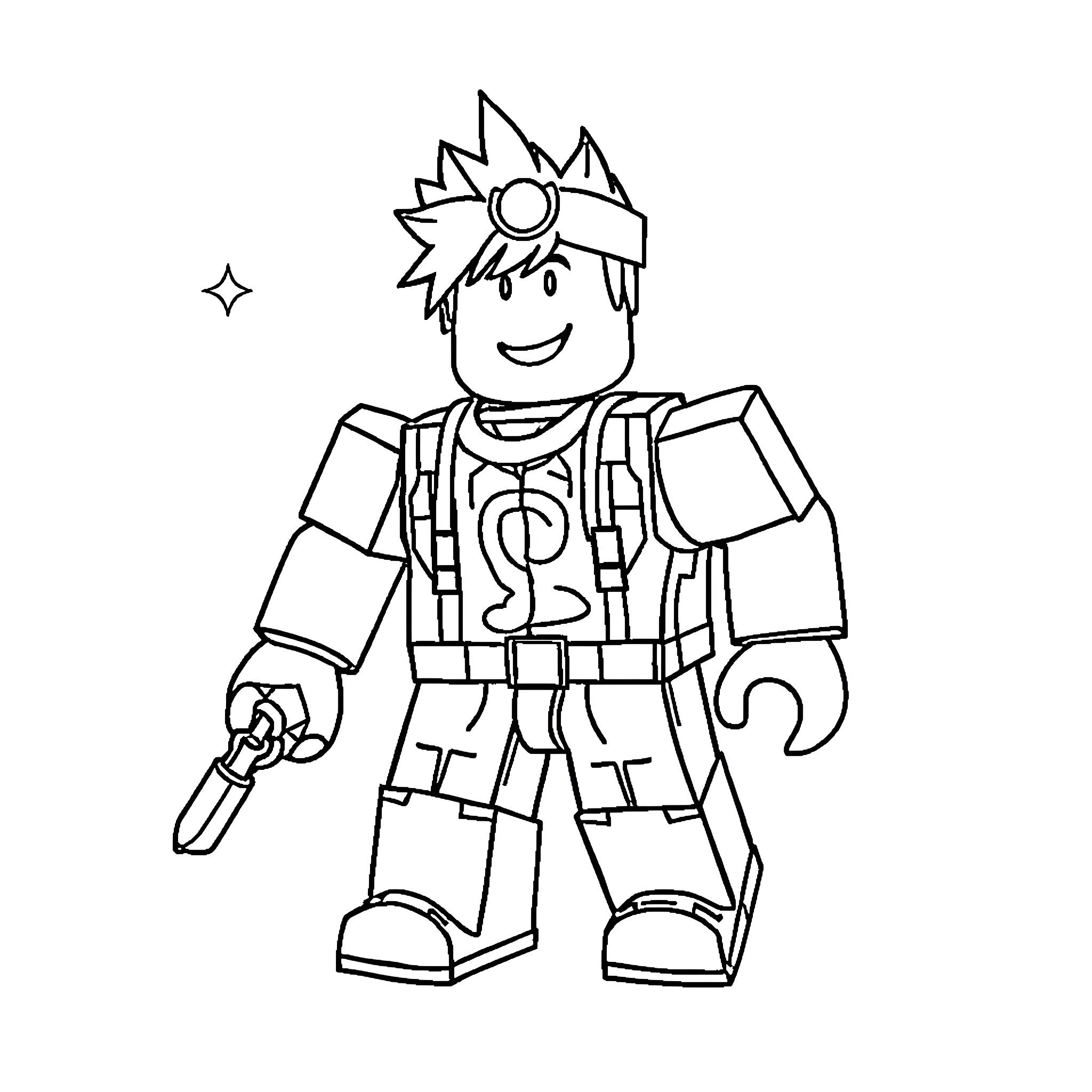 Roblox character in action-ready outfit Coloring Page (free black-and-white line drawing printable PDF for all, from beginners to advanced learners, including children, teens, adults, and seniors)