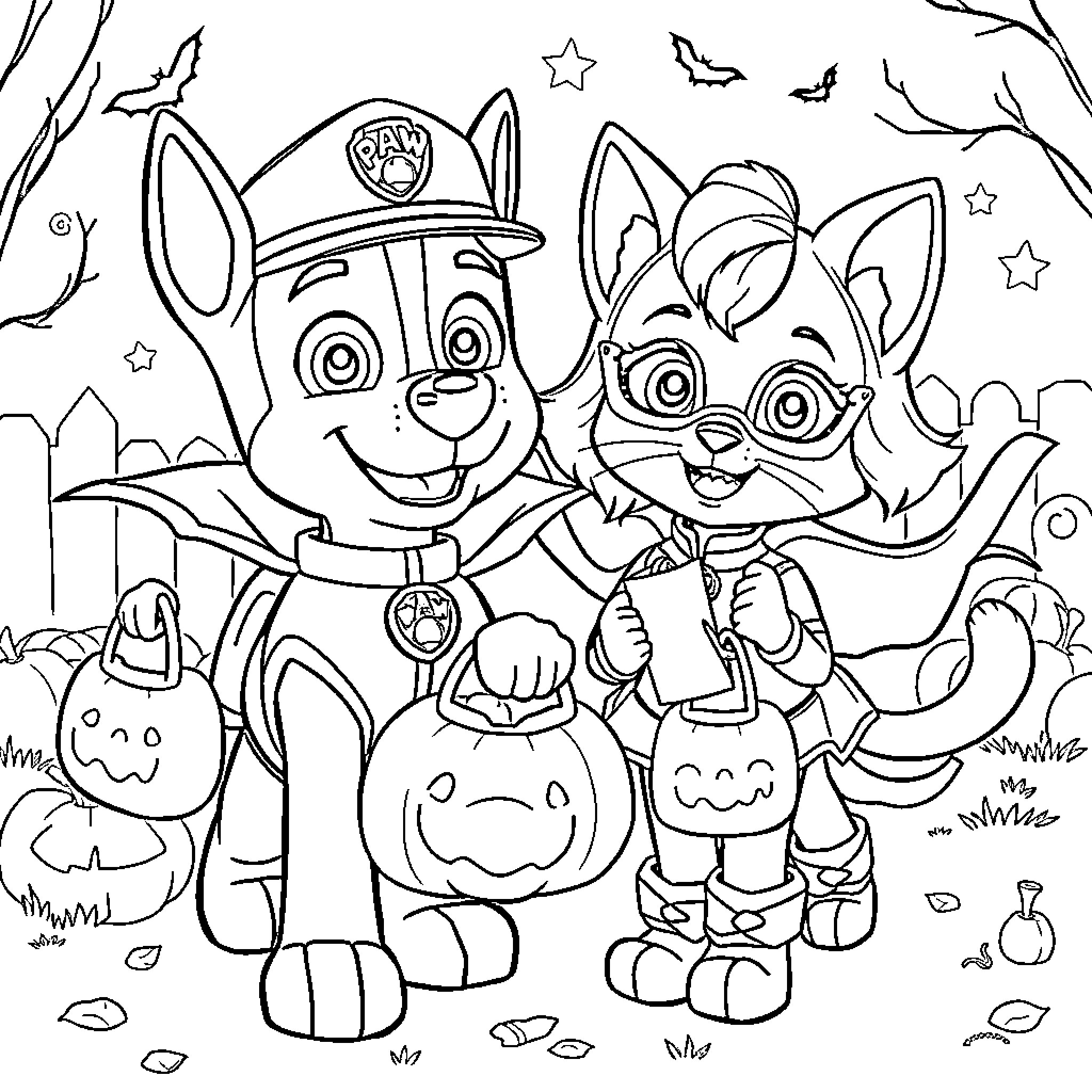 Paw Patrol Trick-or-Treating in the Night Coloring Page (free black-and-white line drawing printable PDF for all, from beginners to advanced learners, including children, teens, adults, and seniors)