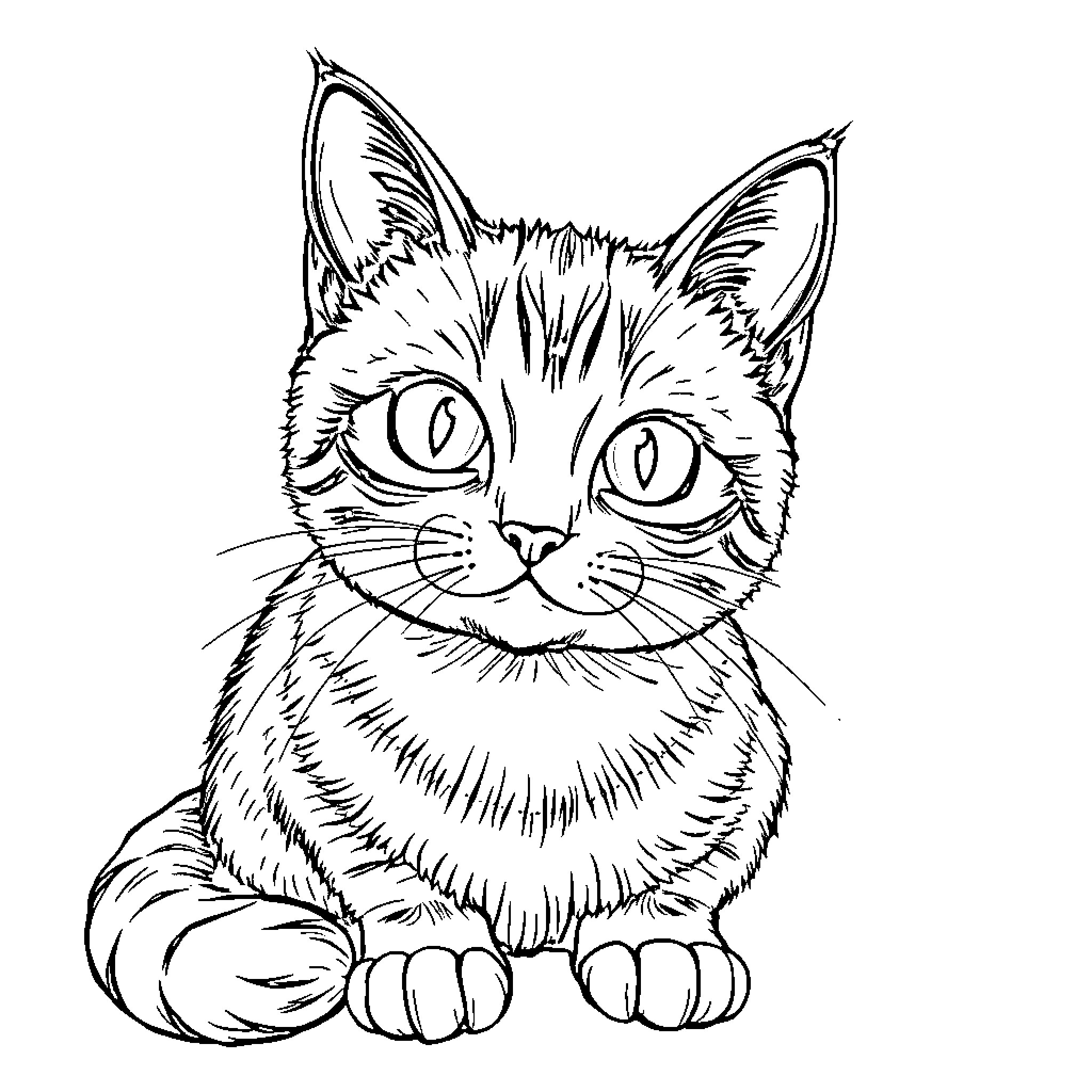 Cat in detailed line art style Coloring Page (free black-and-white line drawing printable PDF for all, from beginners to advanced learners, including children, teens, adults, and seniors)