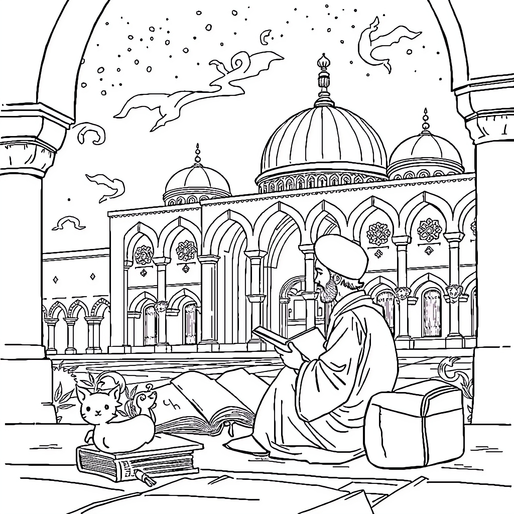 Muslim man praying in a mosque with intricate architecture Coloring Page (free black-and-white line drawing printable PDF for all, from beginners to advanced learners, including children, teens, adults, and seniors)
