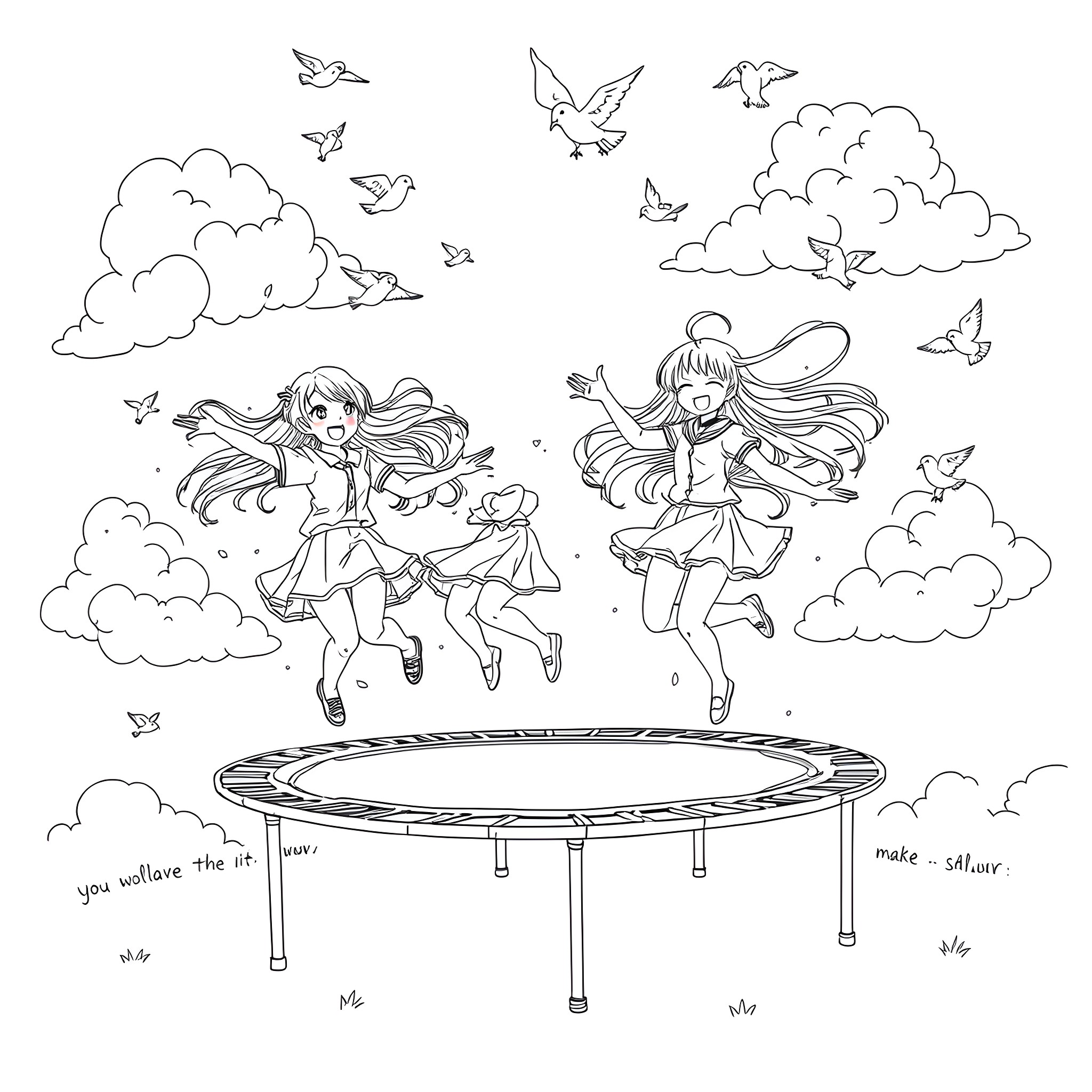 Anime Girls Jumping Joyfully on Trampoline in the Sky Coloring Page (free black-and-white line drawing printable PDF for all, from beginners to advanced learners, including children, teens, adults, and seniors)