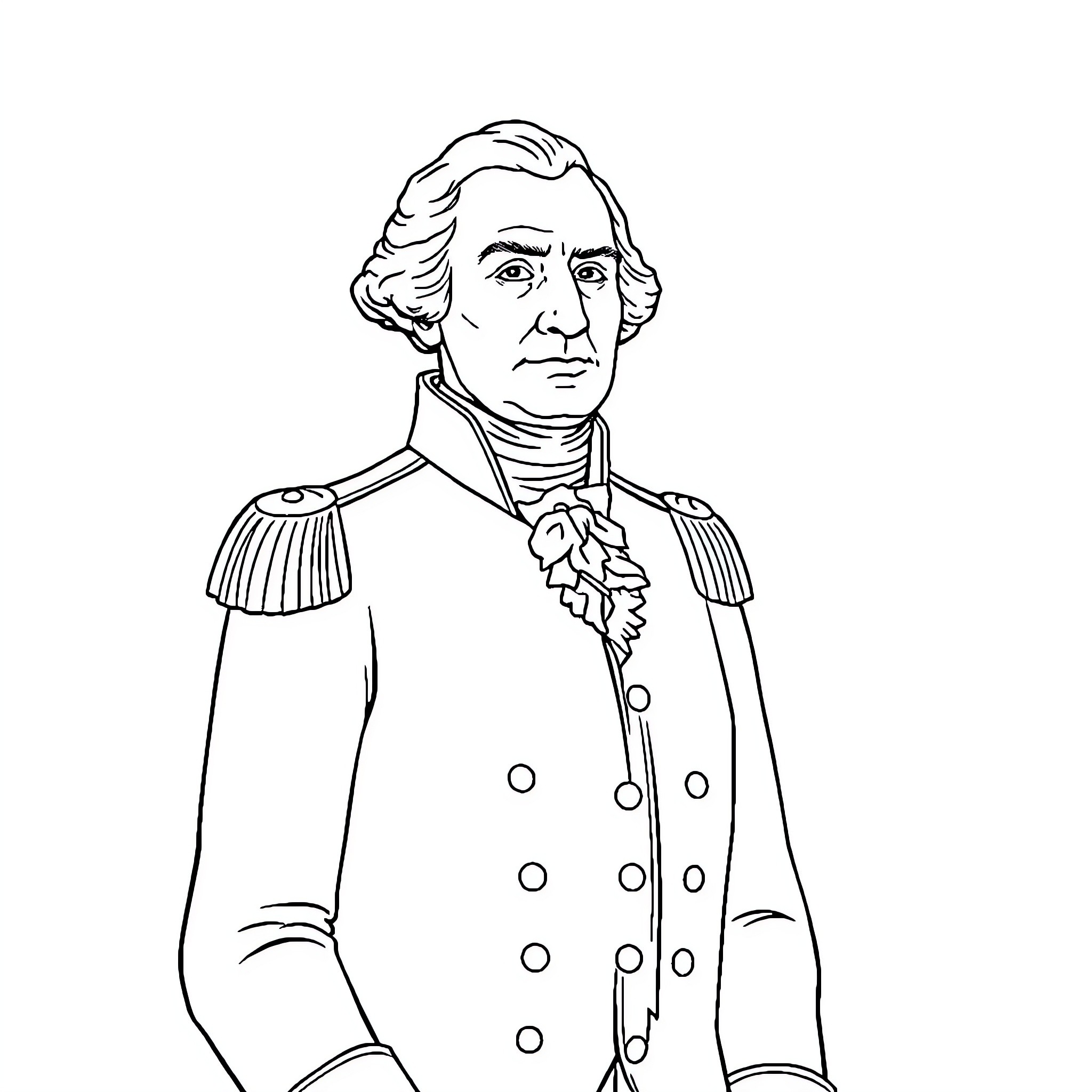 George Washington in military uniform standing tall Coloring Page (free black-and-white line drawing printable PDF for all, from beginners to advanced learners, including children, teens, adults, and seniors)