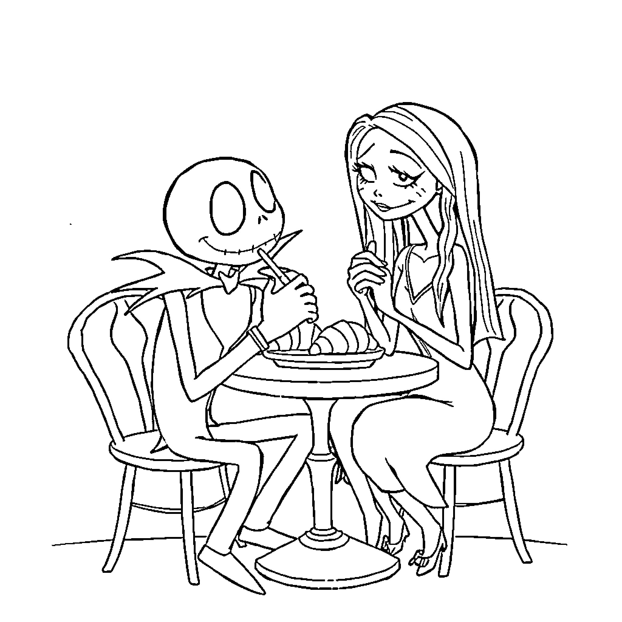 Jack and Sally enjoying tea time together Coloring Page (free black-and-white line drawing printable PDF for all, from beginners to advanced learners, including children, teens, adults, and seniors)