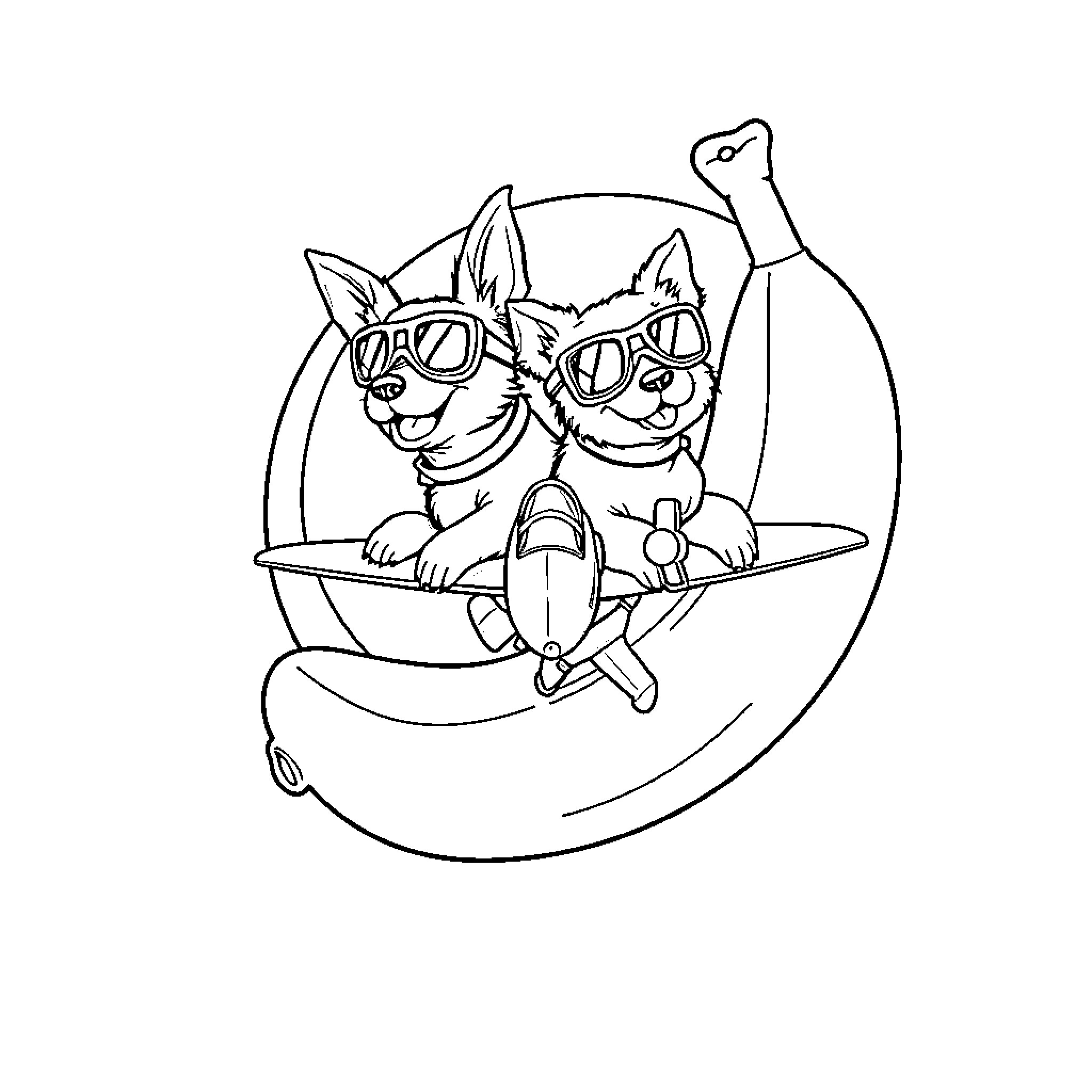 Dogs enjoying a flight in their airplane Coloring Page (free black-and-white line drawing printable PDF for all, from beginners to advanced learners, including children, teens, adults, and seniors)