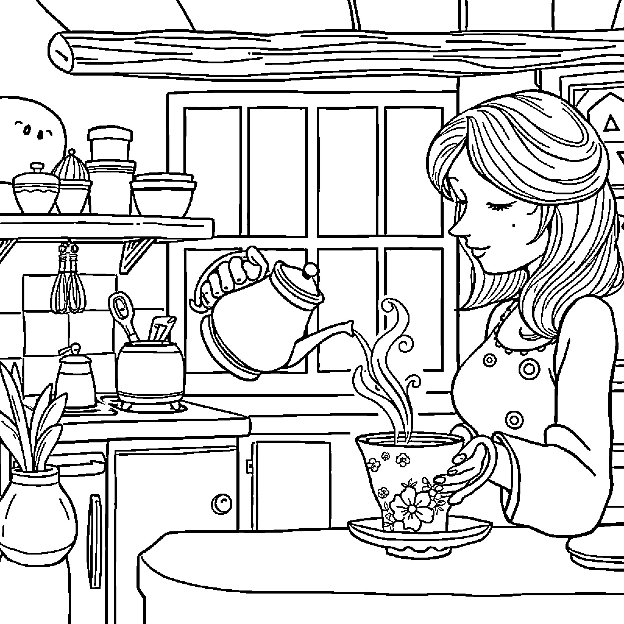 Woman preparing a meal in a cozy kitchen Coloring Page (free black-and-white line drawing printable PDF for all, from beginners to advanced learners, including children, teens, adults, and seniors)
