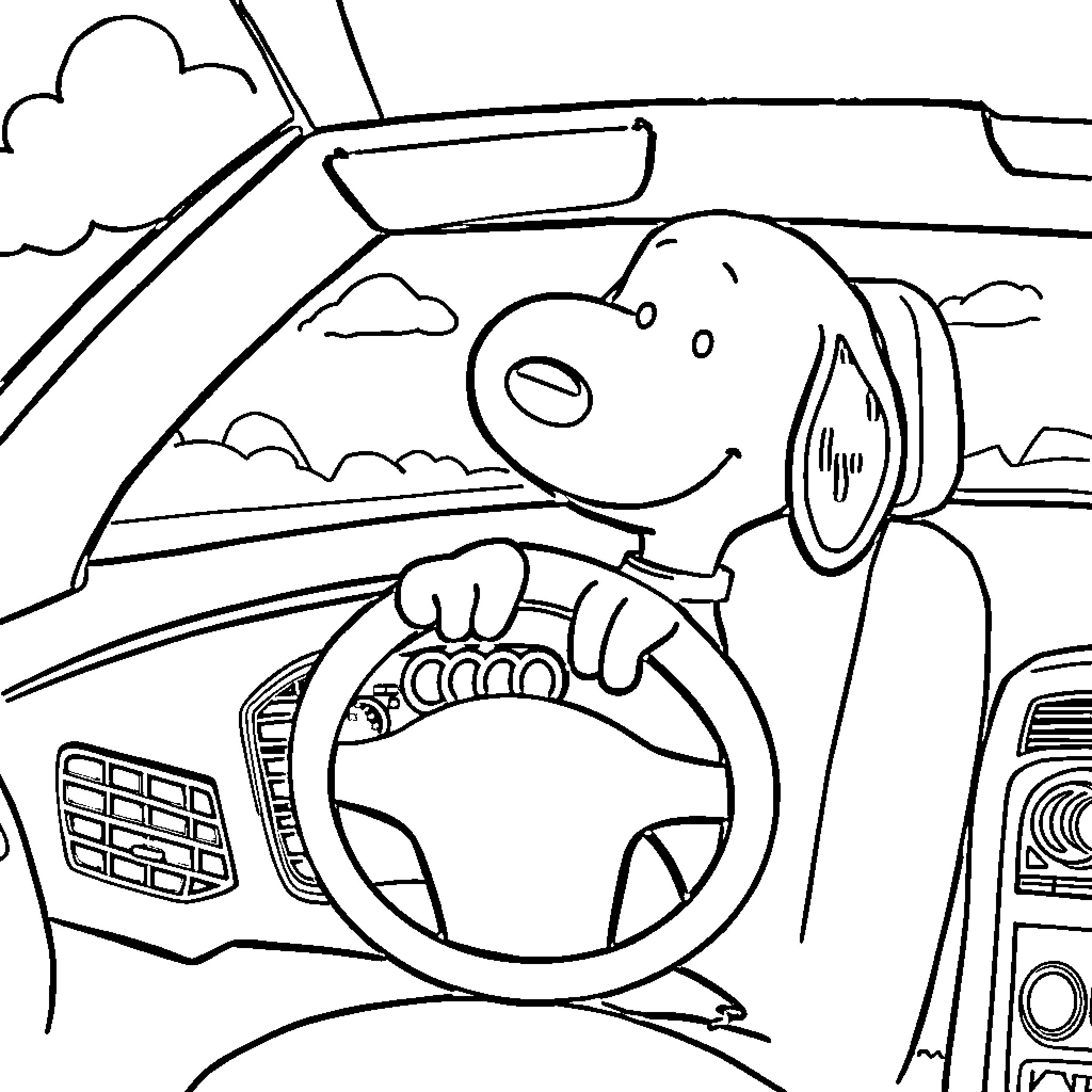 Snoopy driving a car on the road Coloring Page (free black-and-white line drawing printable PDF for all, from beginners to advanced learners, including children, teens, adults, and seniors)