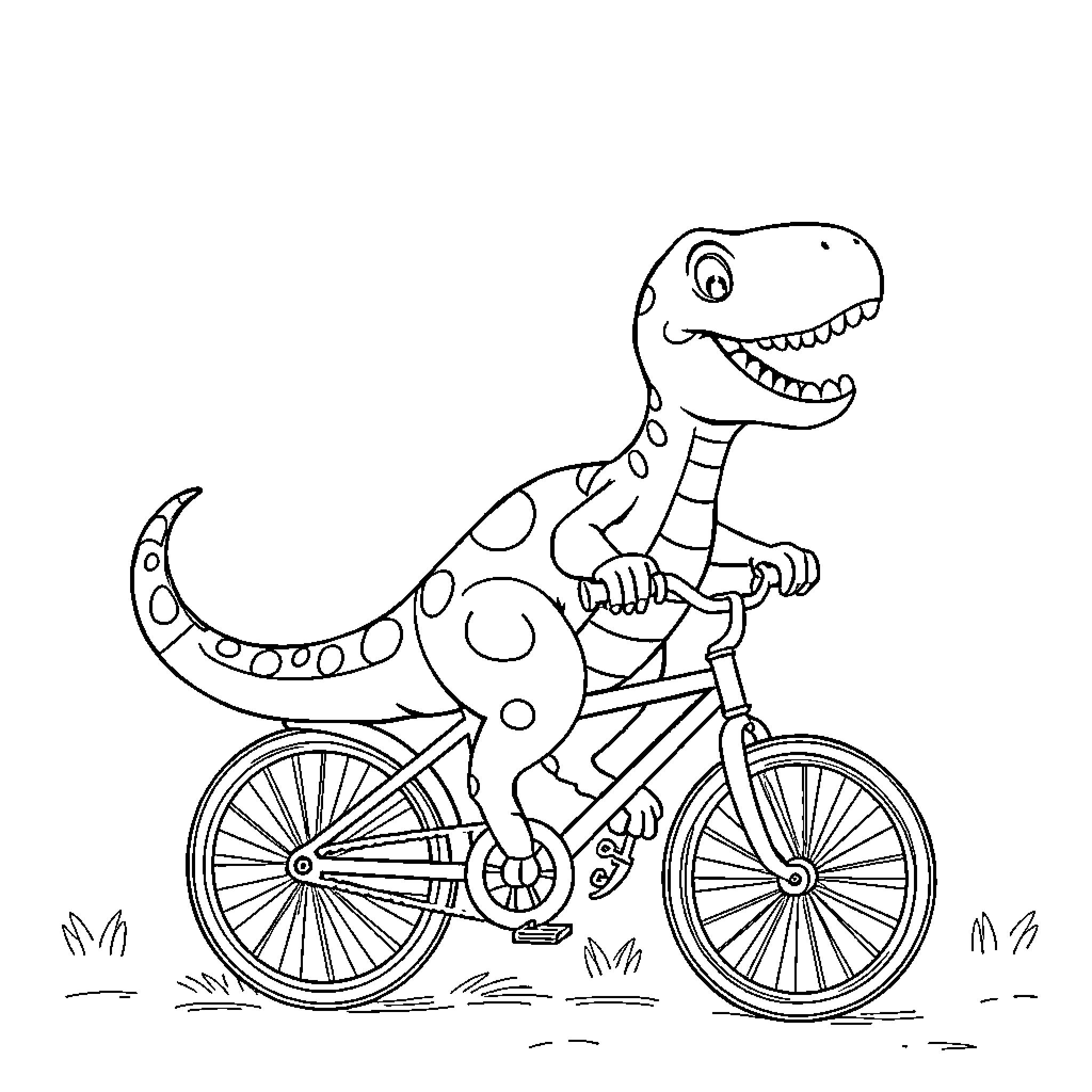 Dinosaur riding a bicycle happily Coloring Page (free black-and-white line drawing printable PDF for all, from beginners to advanced learners, including children, teens, adults, and seniors)