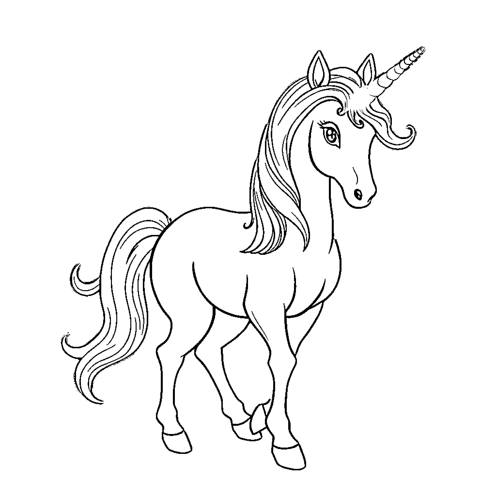 Unicorn Pig standing proud and majestic Coloring Page (free black-and-white line drawing printable PDF for all, from beginners to advanced learners, including children, teens, adults, and seniors)