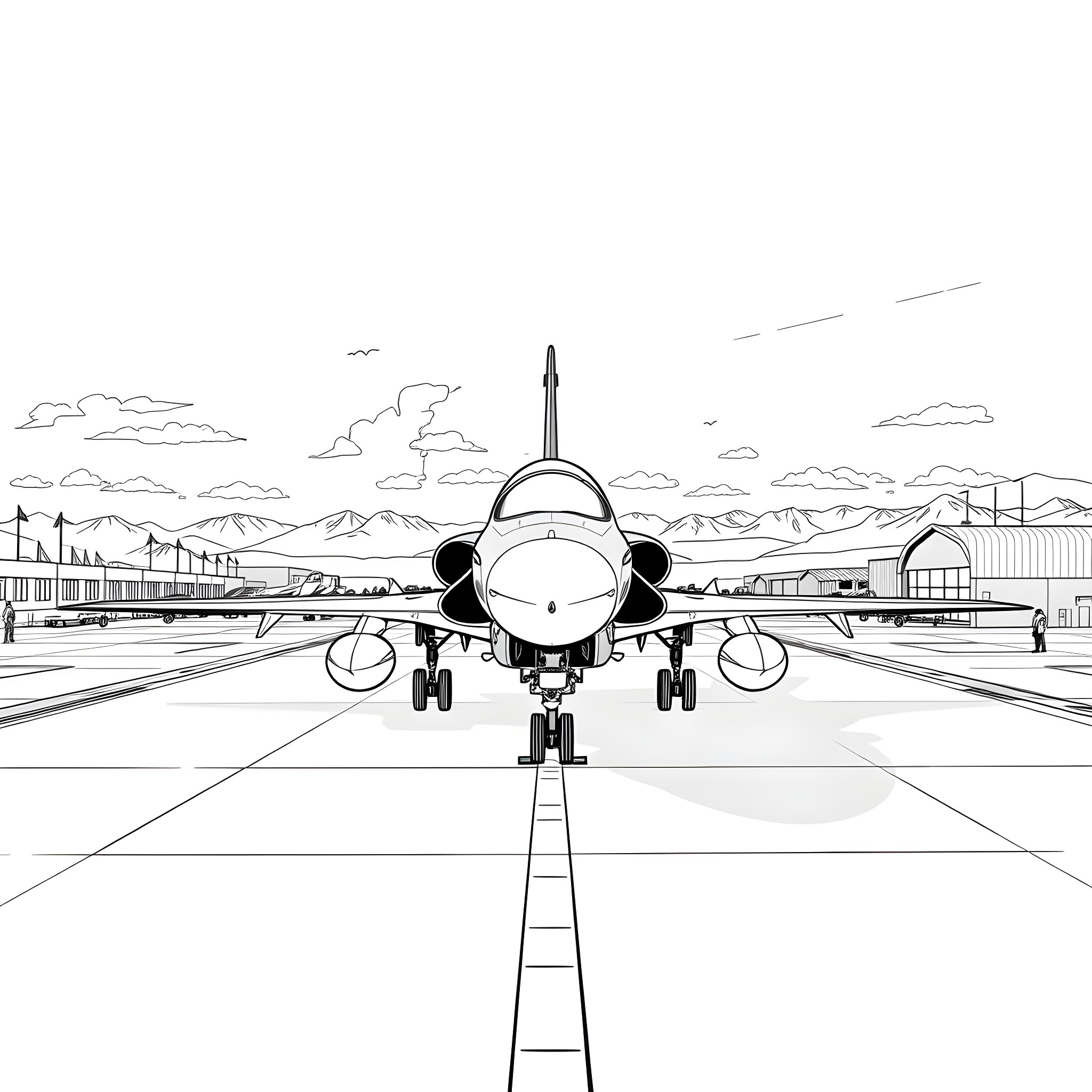 Hawk soaring across the runway of an airport Coloring Page (free black-and-white line drawing printable PDF for all, from beginners to advanced learners, including children, teens, adults, and seniors)