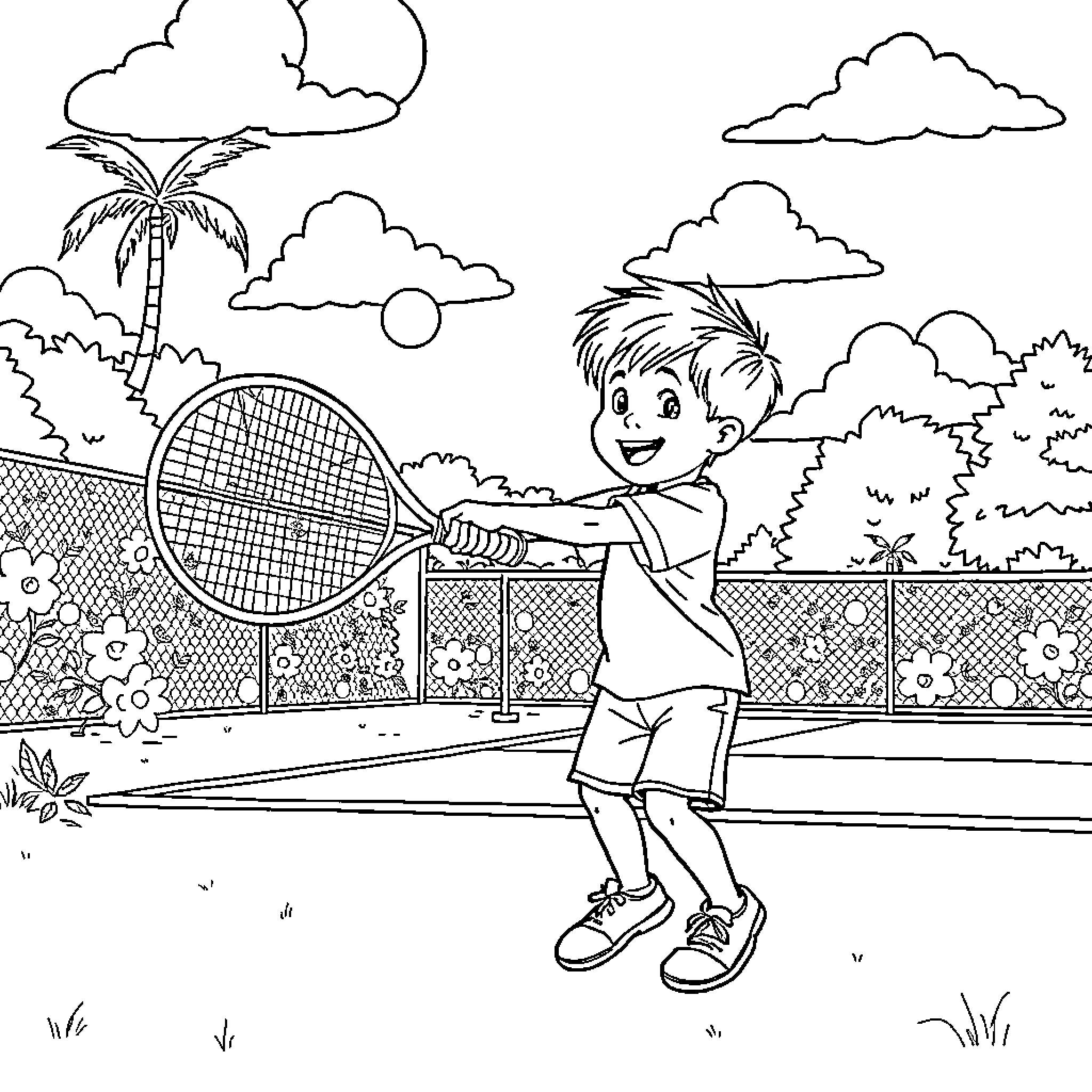 Kid playing tennis on a sunny day Coloring Page (free black-and-white line drawing printable PDF for all, from beginners to advanced learners, including children, teens, adults, and seniors)