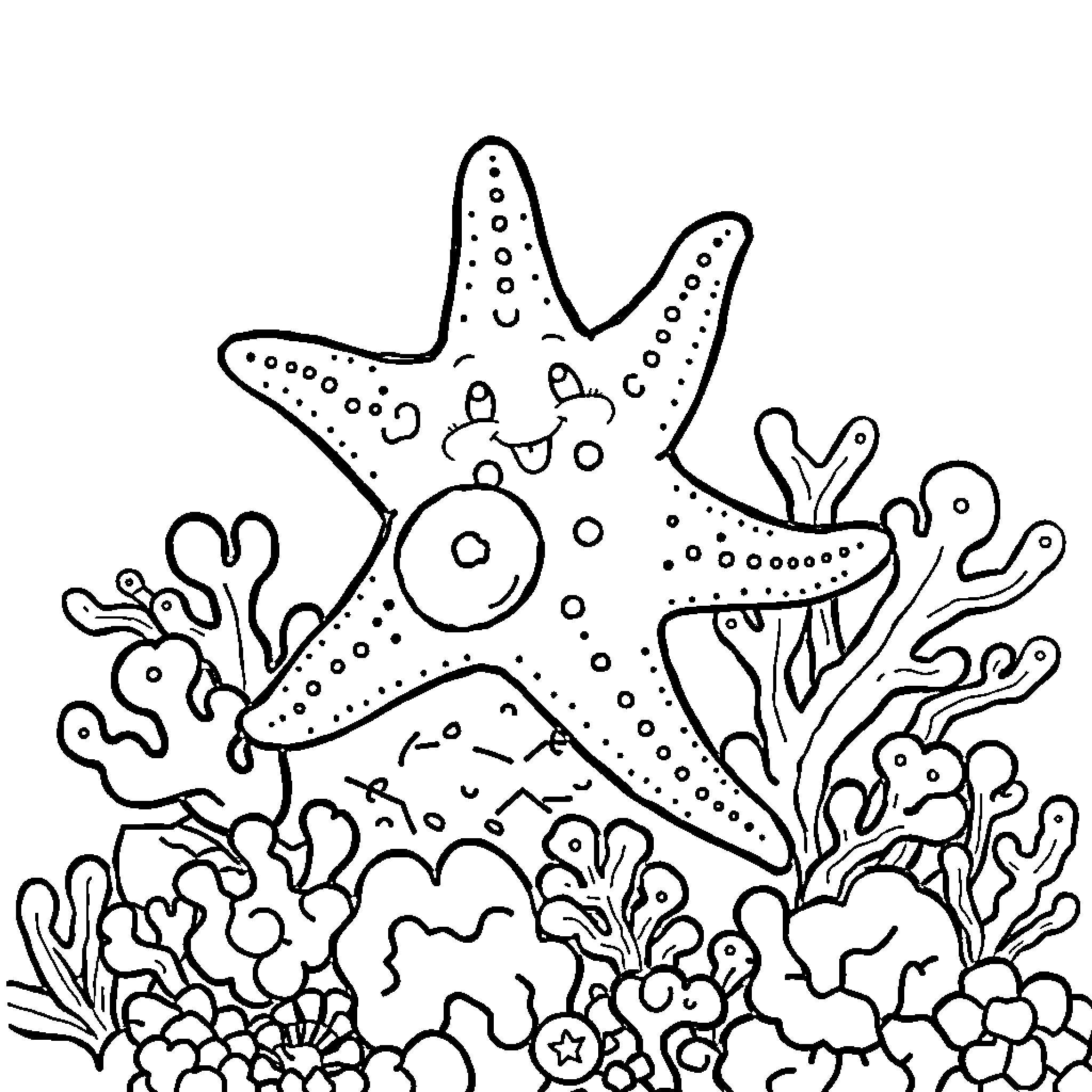 Starfish exploring an underwater coral reef Coloring Page (free black-and-white line drawing printable PDF for all, from beginners to advanced learners, including children, teens, adults, and seniors)