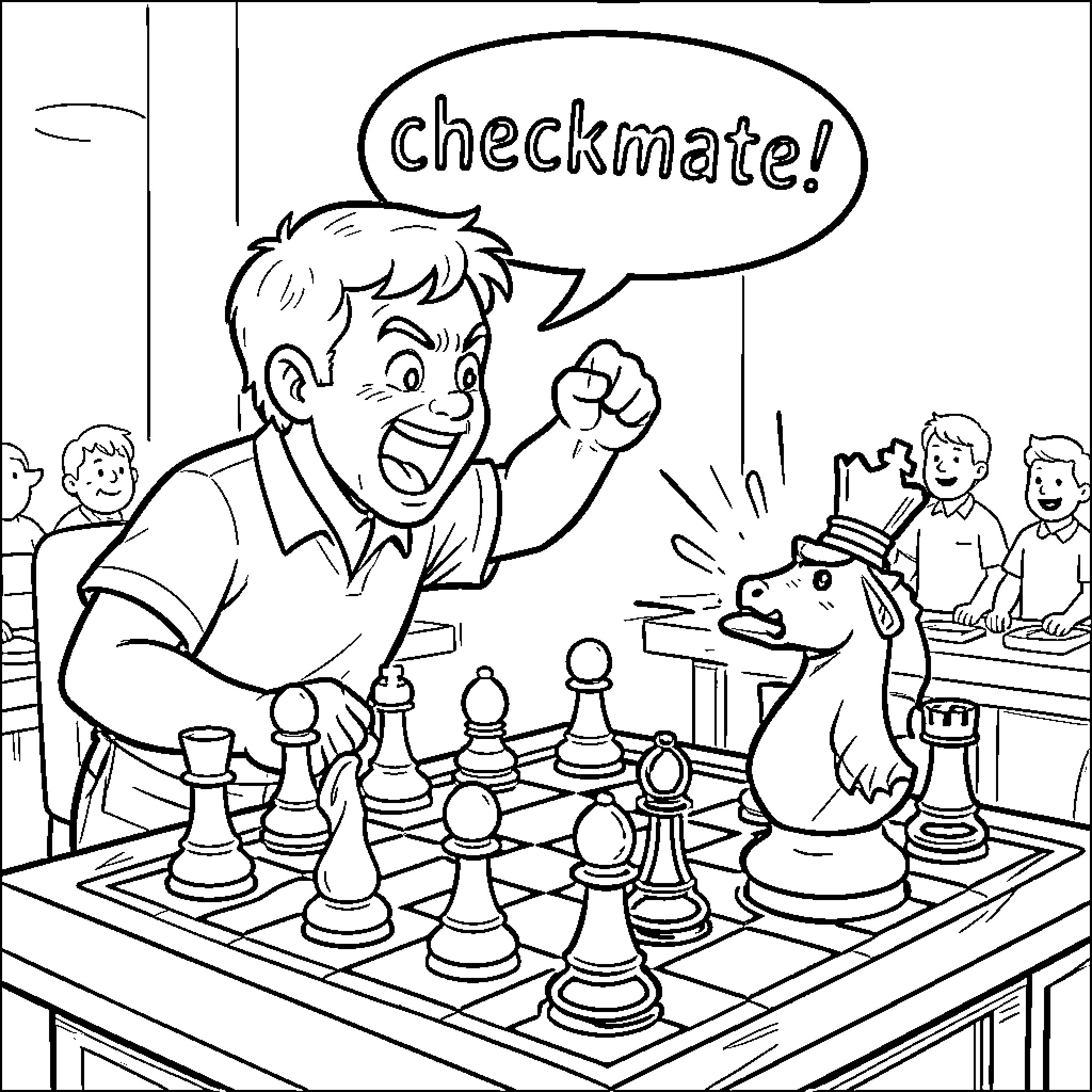 Chess player shouting victory after winning a game Coloring Page (free black-and-white line drawing printable PDF for all, from beginners to advanced learners, including children, teens, adults, and seniors)