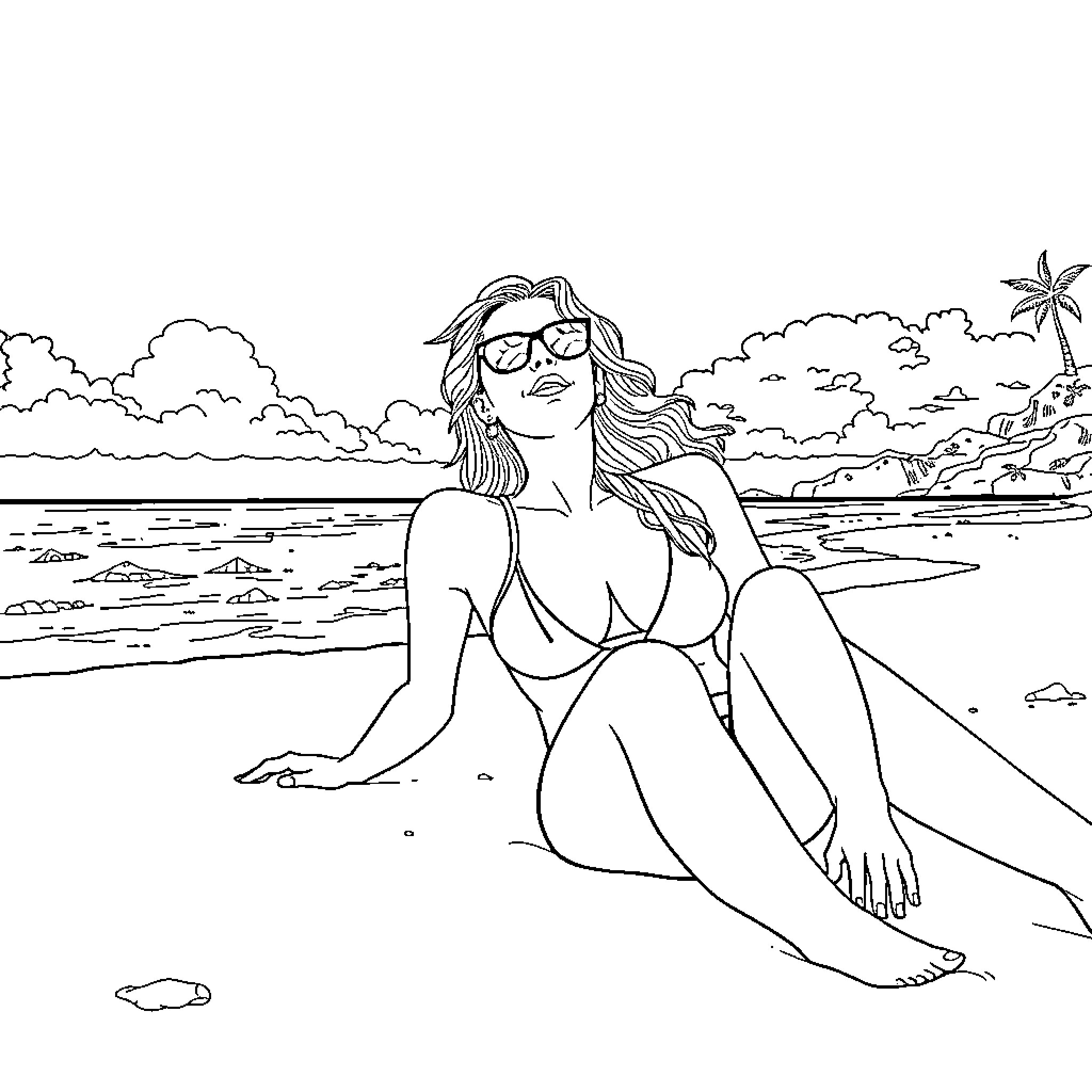 Sydney Sweeney relaxing on the beach Coloring Page (free black-and-white line drawing printable PDF for all, from beginners to advanced learners, including children, teens, adults, and seniors)