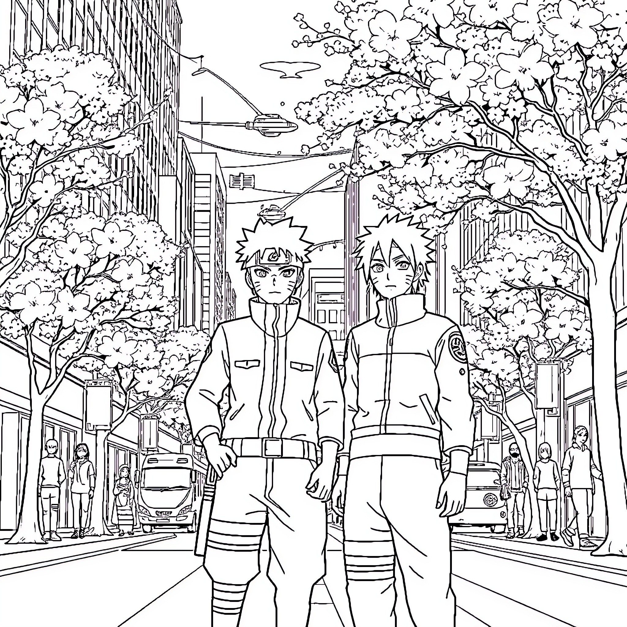 Naruto Characters in Blooming Spring Scenery Coloring Page (free black-and-white line drawing printable PDF for all, from beginners to advanced learners, including children, teens, adults, and seniors)