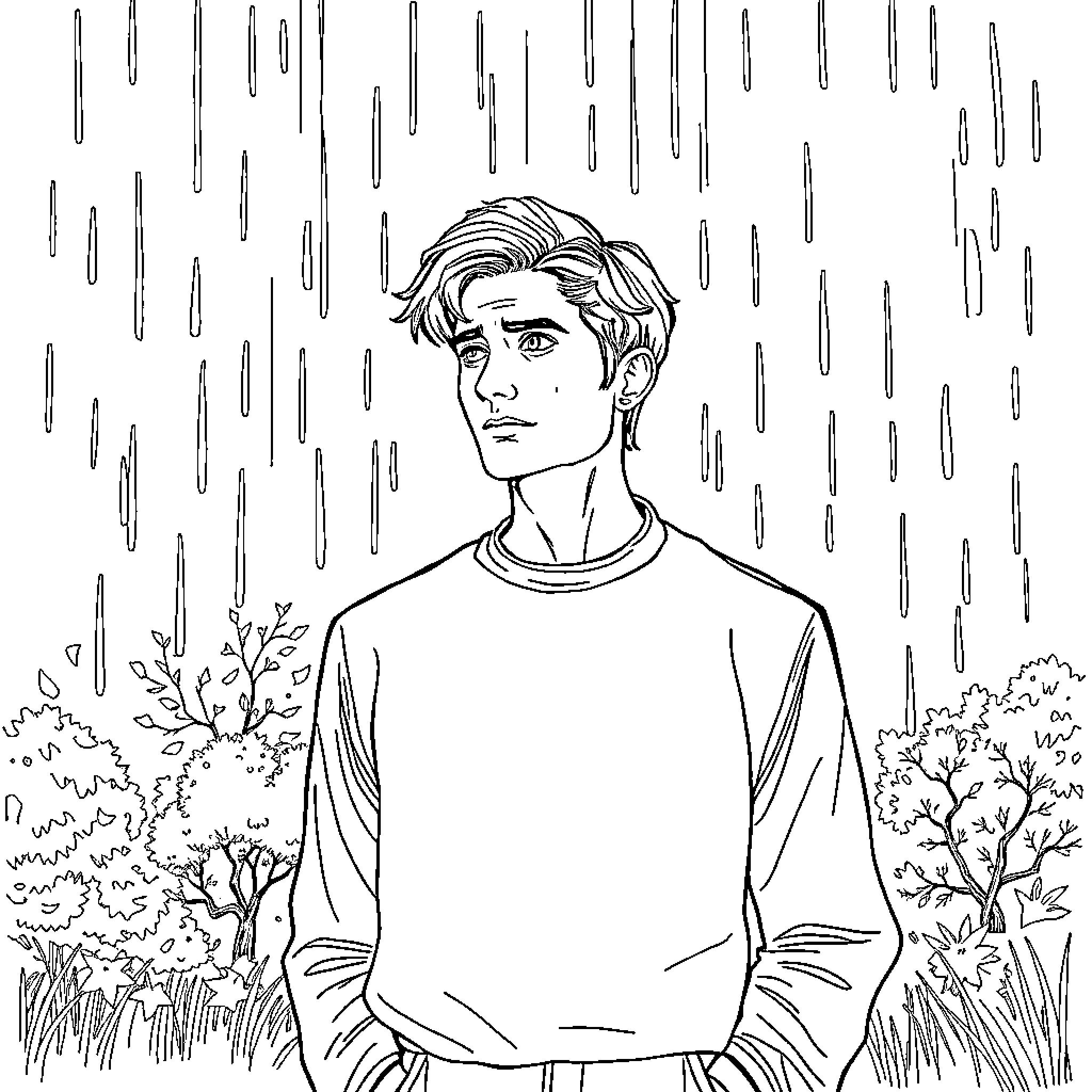 Man standing in the rain with pensive expression Coloring Page (free black-and-white line drawing printable PDF for all, from beginners to advanced learners, including children, teens, adults, and seniors)