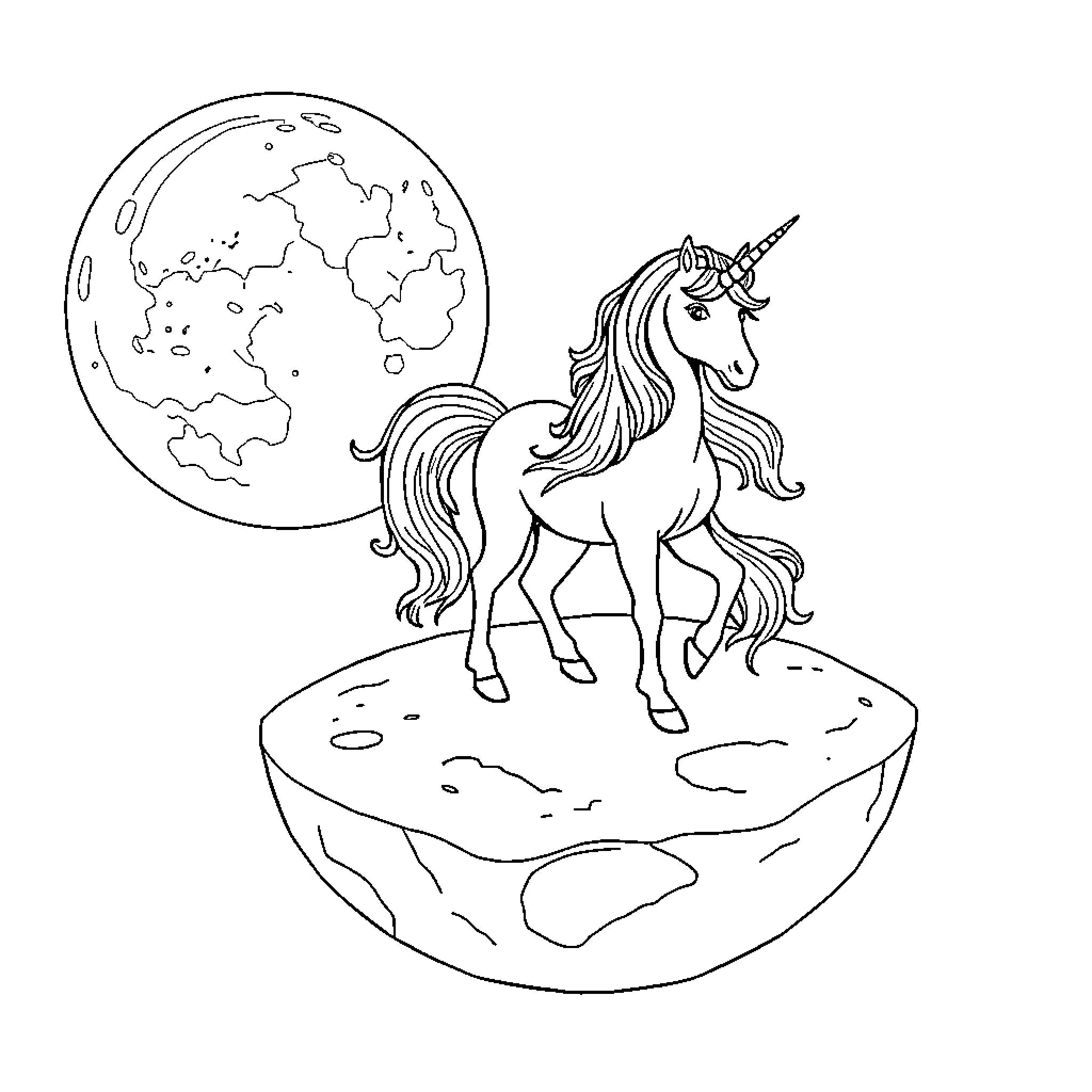 Unicorn standing gracefully on a floating island Coloring Page (free black-and-white line drawing printable PDF for all, from beginners to advanced learners, including children, teens, adults, and seniors)