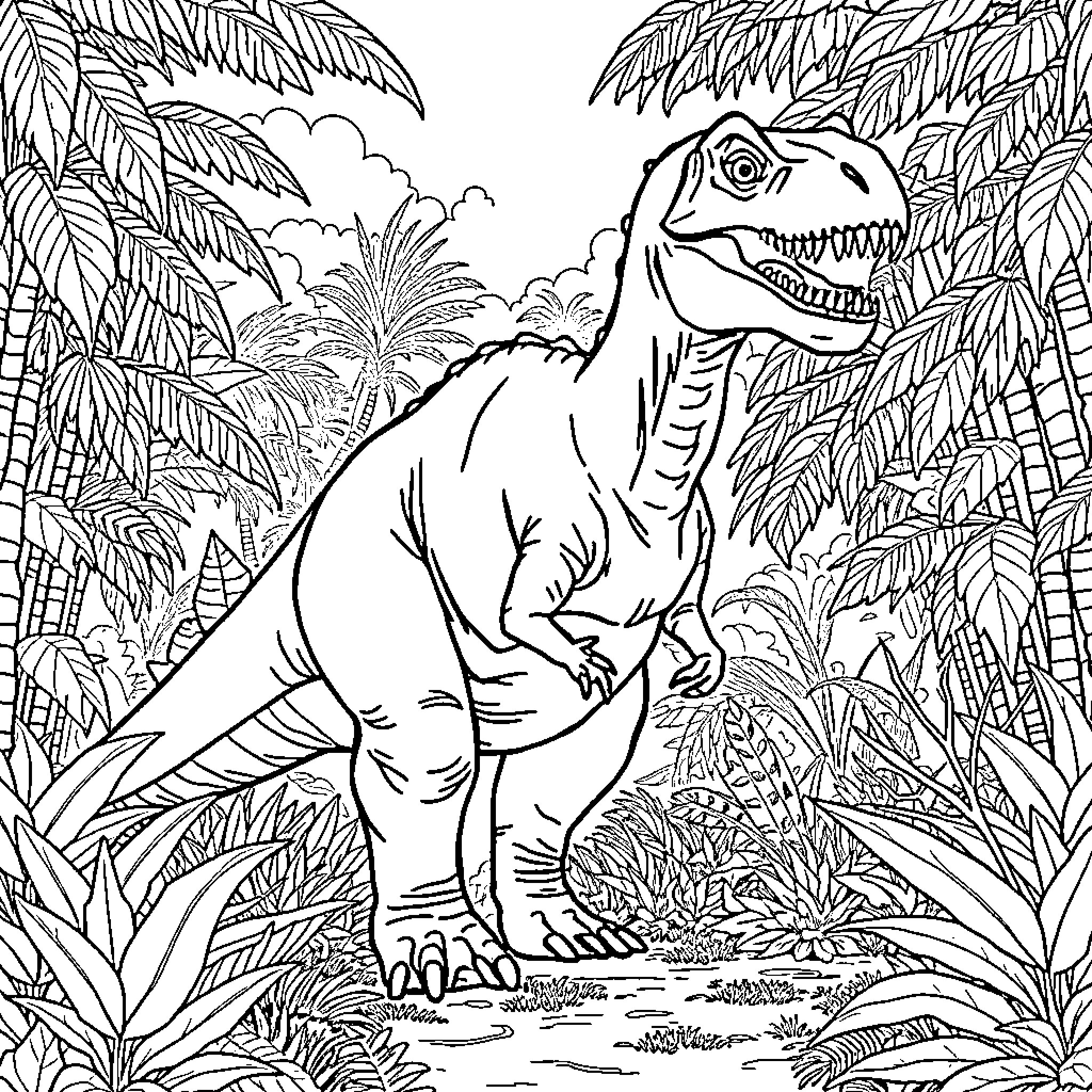 Dinosaur roaming in the lush tropical jungle Coloring Page (free black-and-white line drawing printable PDF for all, from beginners to advanced learners, including children, teens, adults, and seniors)