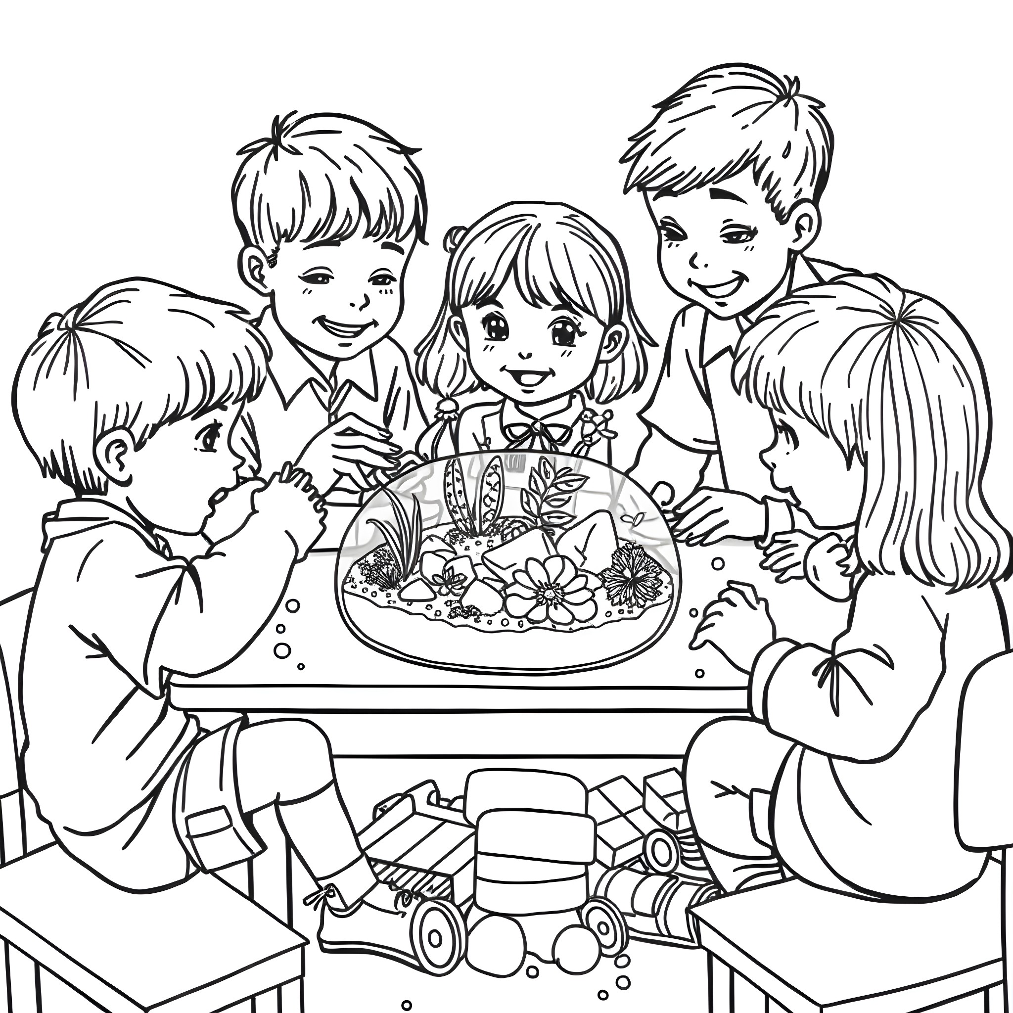Children exploring nature together in the classroom Coloring Page (free black-and-white line drawing printable PDF for all, from beginners to advanced learners, including children, teens, adults, and seniors)