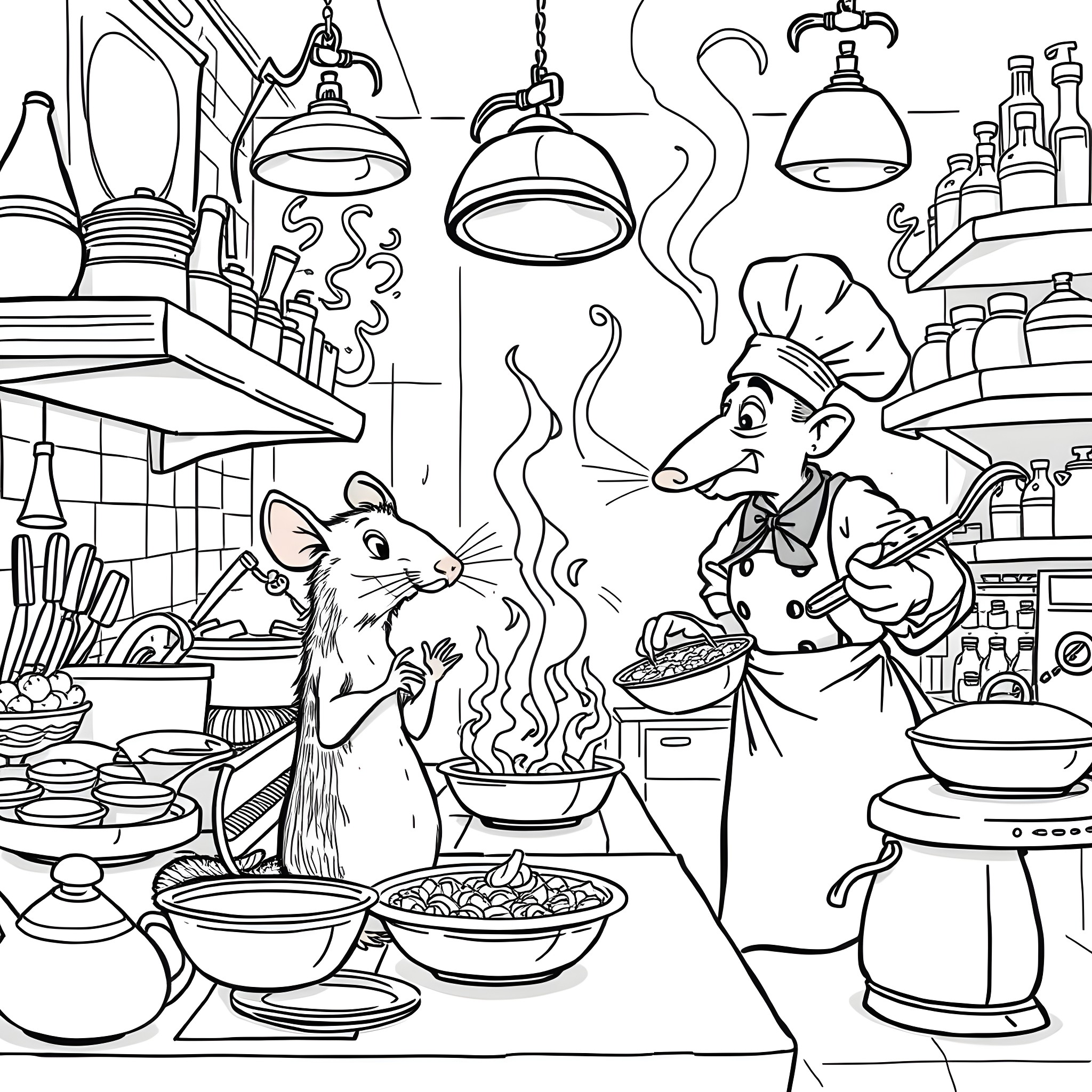 Ratatouille: A Rat's Culinary Adventure in a Bustling Kitchen Coloring Page (free black-and-white line drawing printable PDF for all, from beginners to advanced learners, including children, teens, adults, and seniors)