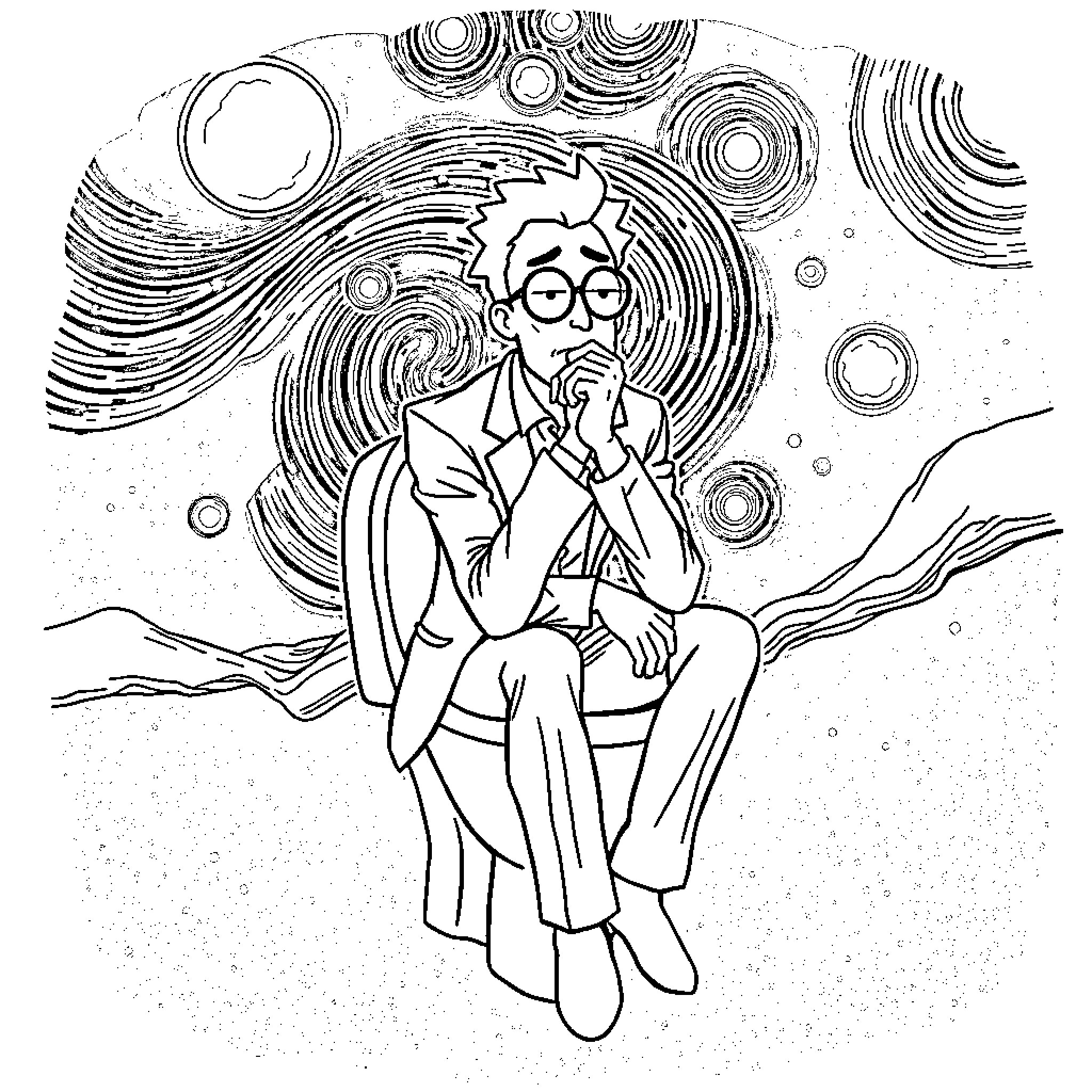 Man sitting pensively under starry night sky Coloring Page (free black-and-white line drawing printable PDF for all, from beginners to advanced learners, including children, teens, adults, and seniors)