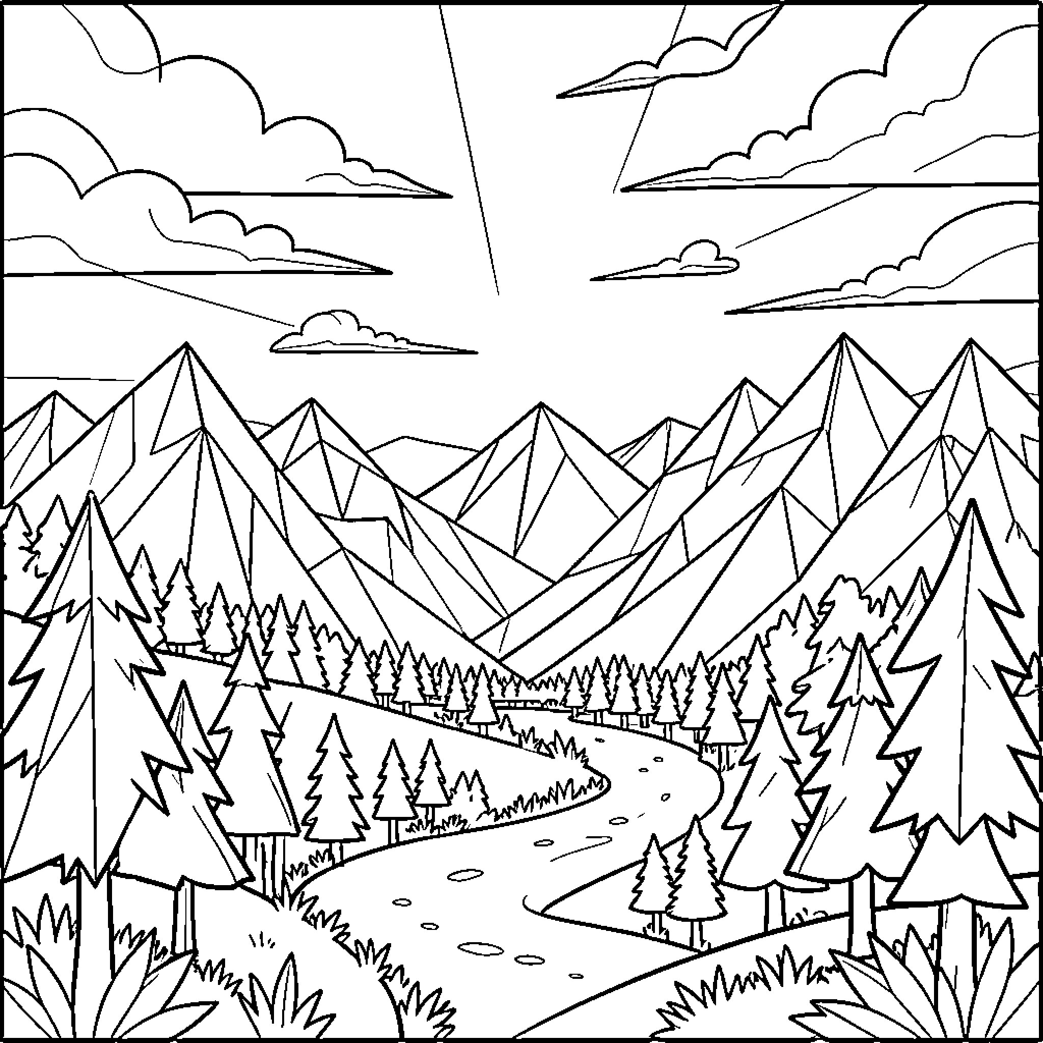 Polygon Landscape with Serene Path Coloring Page (free black-and-white line drawing printable PDF for all, from beginners to advanced learners, including children, teens, adults, and seniors)