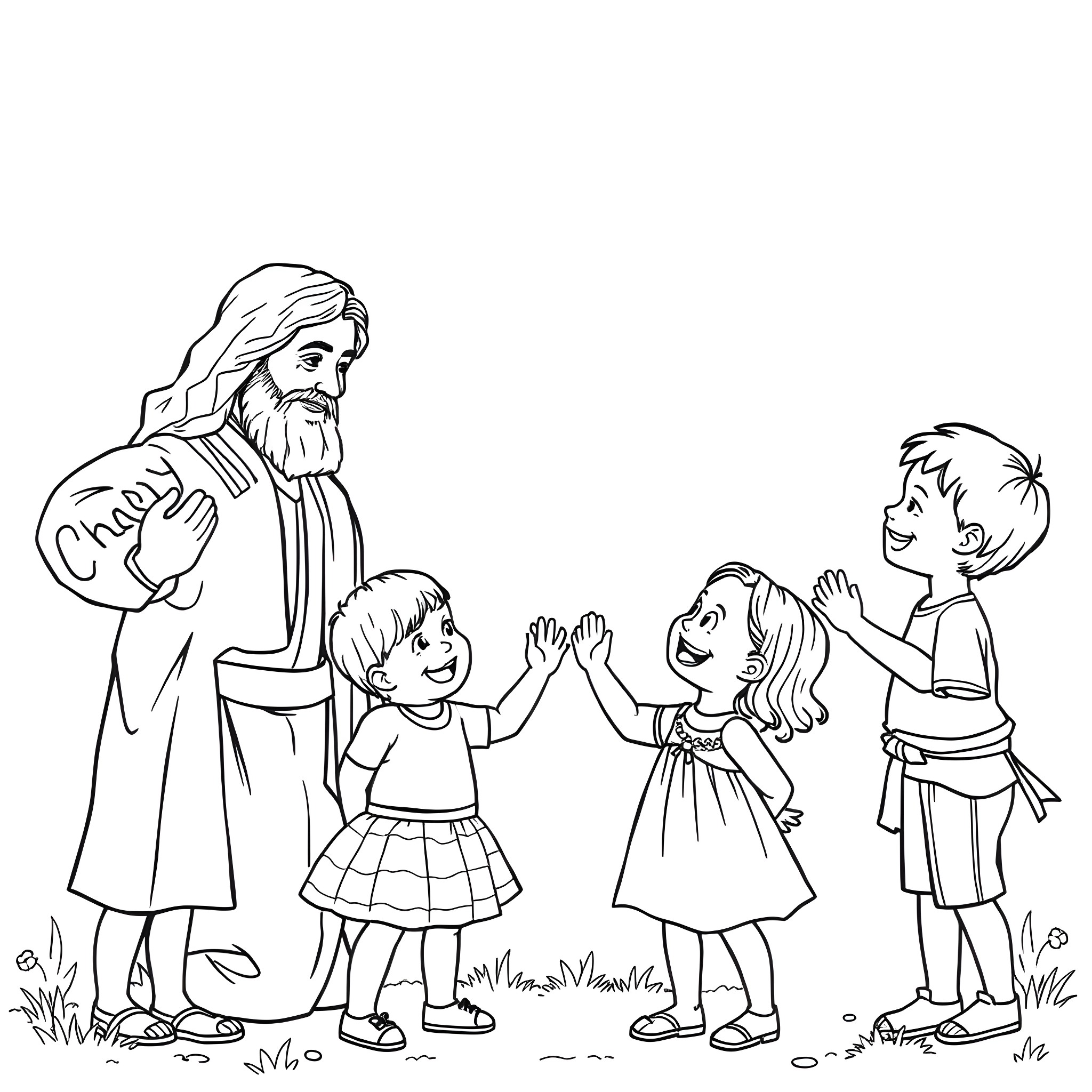 Jesus interacting with joyful children in a natural setting Coloring Page (free black-and-white line drawing printable PDF for all, from beginners to advanced learners, including children, teens, adults, and seniors)
