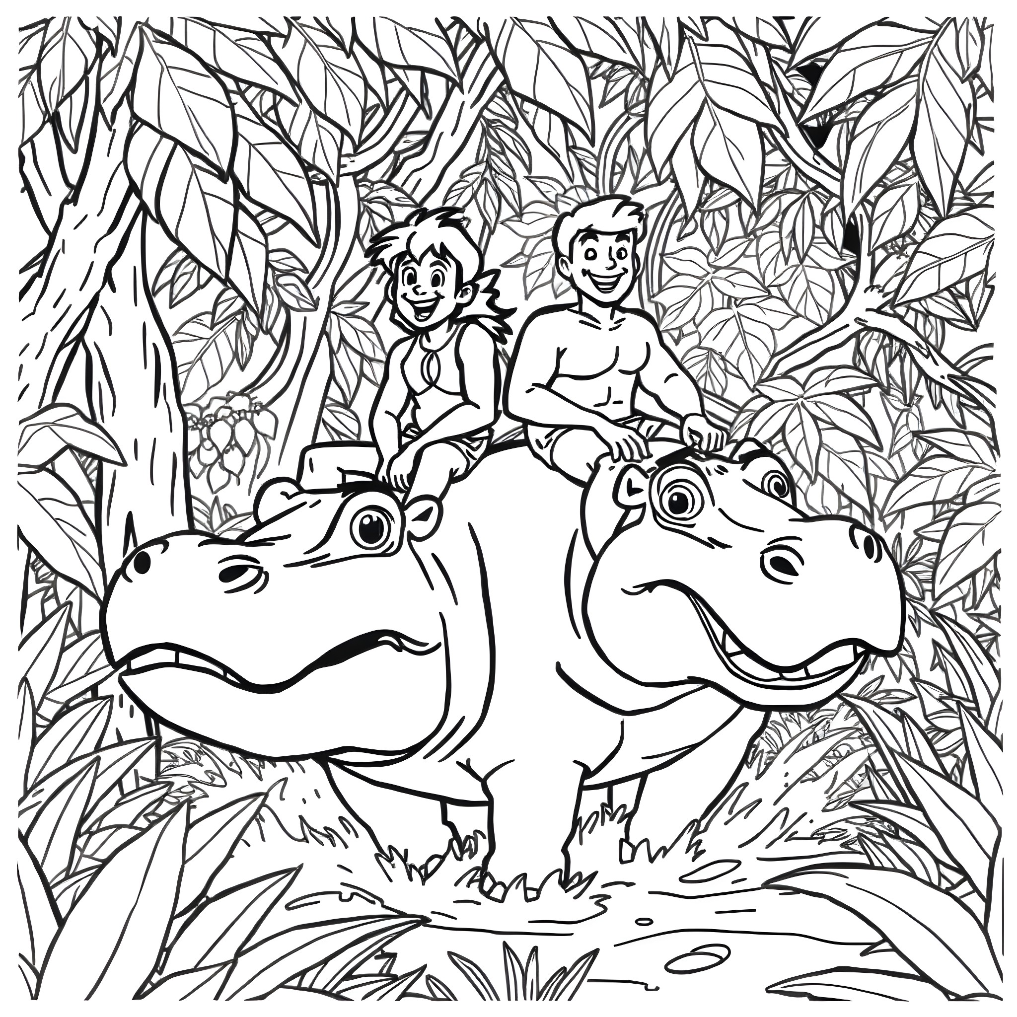 Hippo Riders Exploring the Jungle Coloring Page (free black-and-white line drawing printable PDF for all, from beginners to advanced learners, including children, teens, adults, and seniors)
