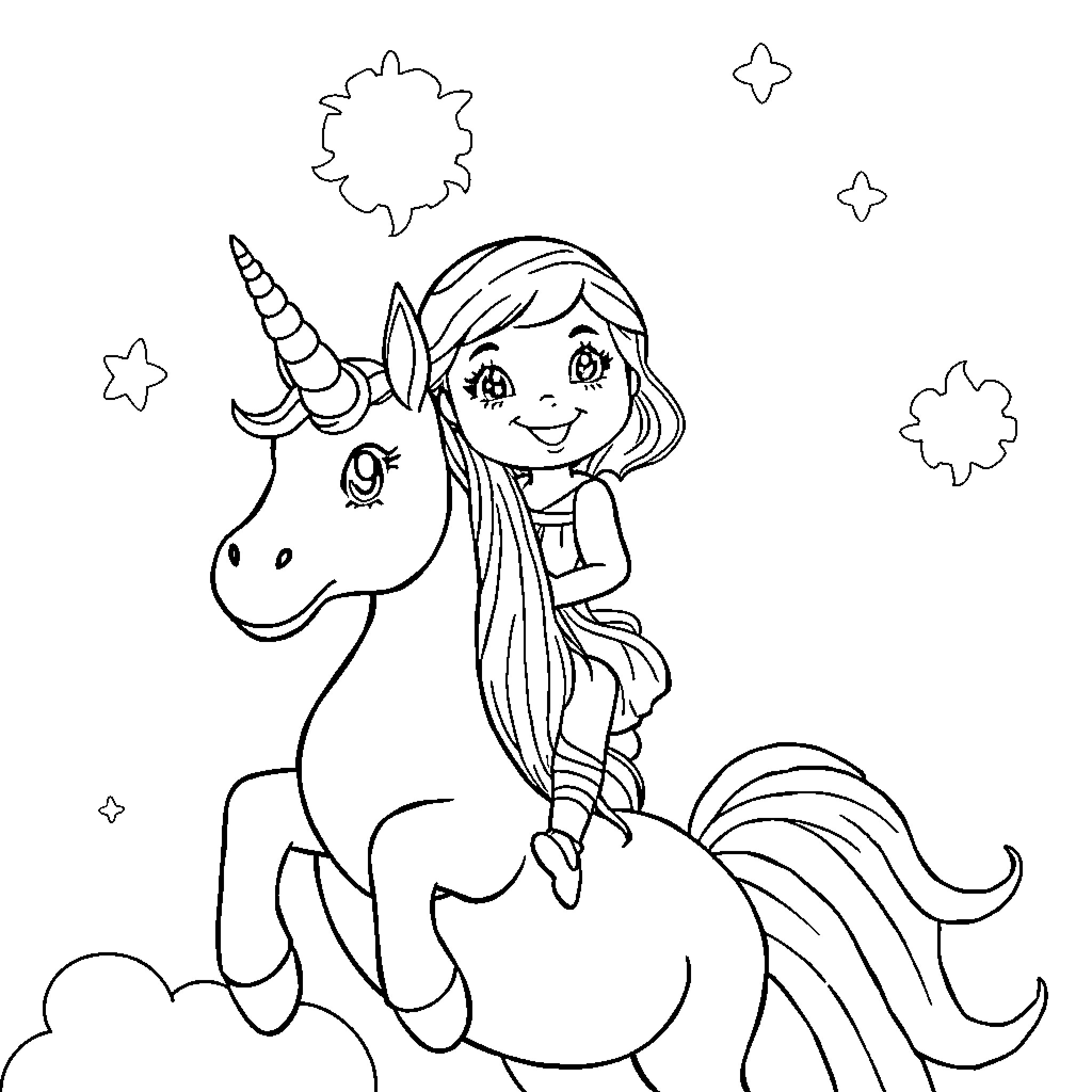 Girl happily riding a unicorn in a magical scene Coloring Page (free black-and-white line drawing printable PDF for all, from beginners to advanced learners, including children, teens, adults, and seniors)
