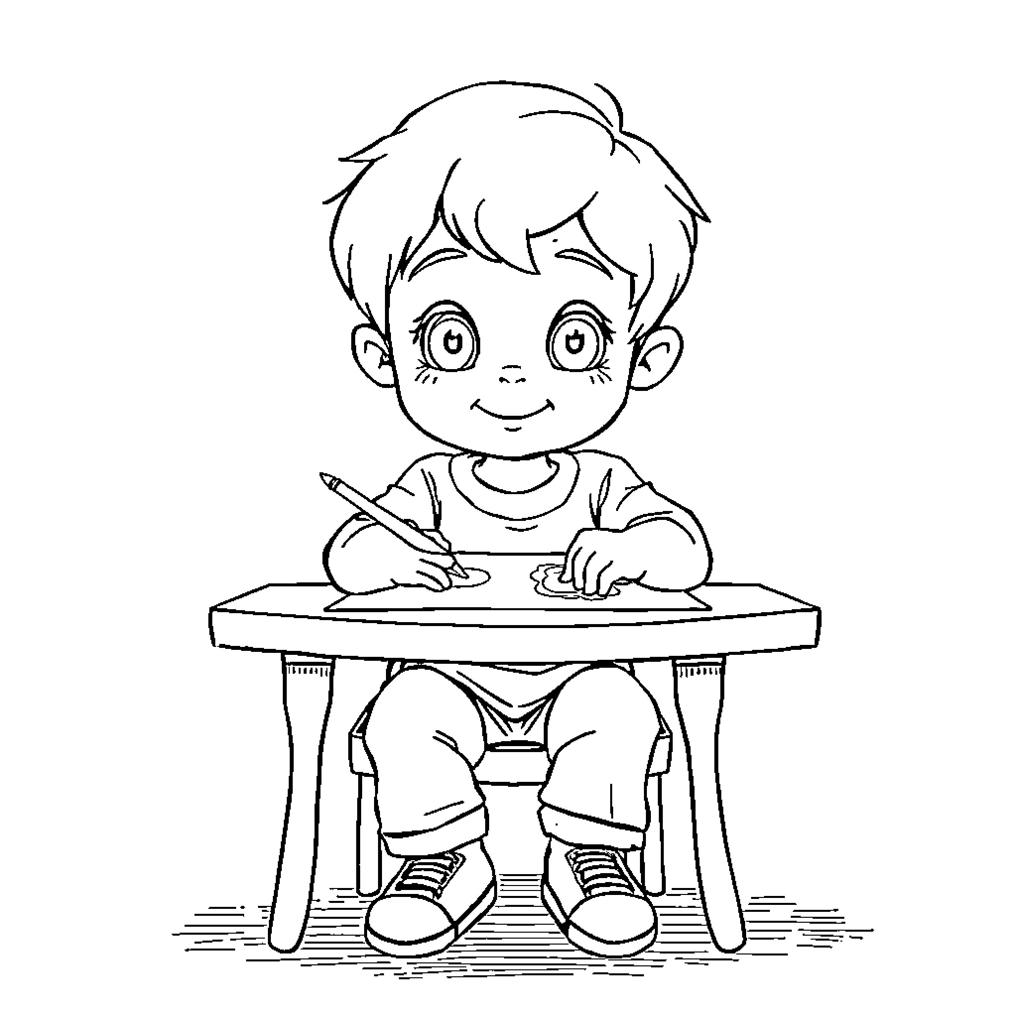 Boy Focused on Drawing at Desk Coloring Page (free black-and-white line drawing printable PDF for all, from beginners to advanced learners, including children, teens, adults, and seniors)
