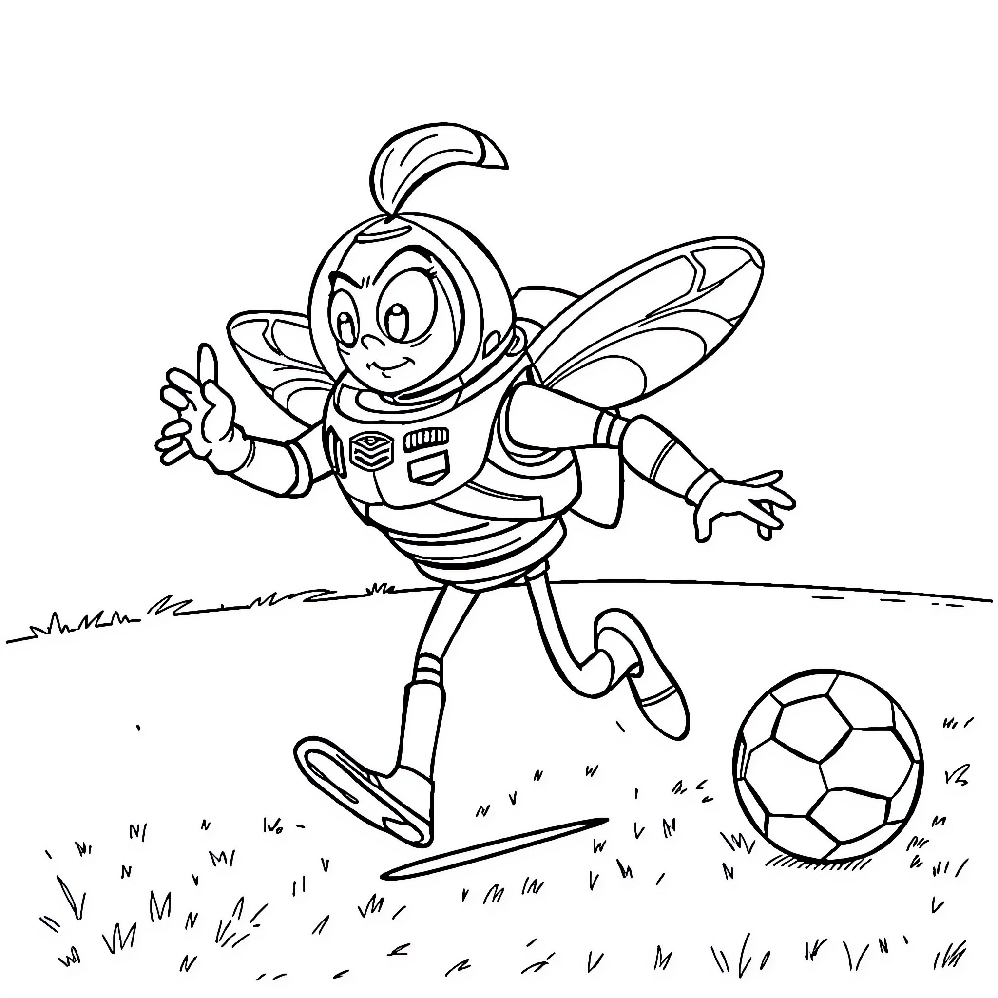 Buzz Lightyear playing soccer on the field Coloring Page (free black-and-white line drawing printable PDF for all, from beginners to advanced learners, including children, teens, adults, and seniors)