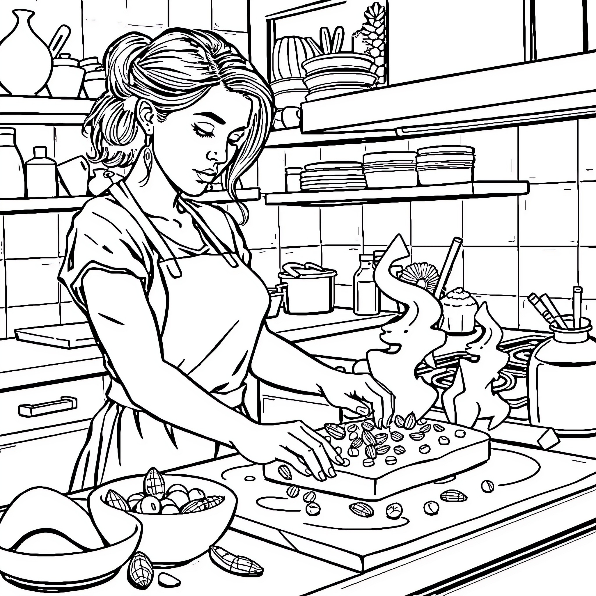 Woman cooking with care in a kitchen Coloring Page (free black-and-white line drawing printable PDF for all, from beginners to advanced learners, including children, teens, adults, and seniors)