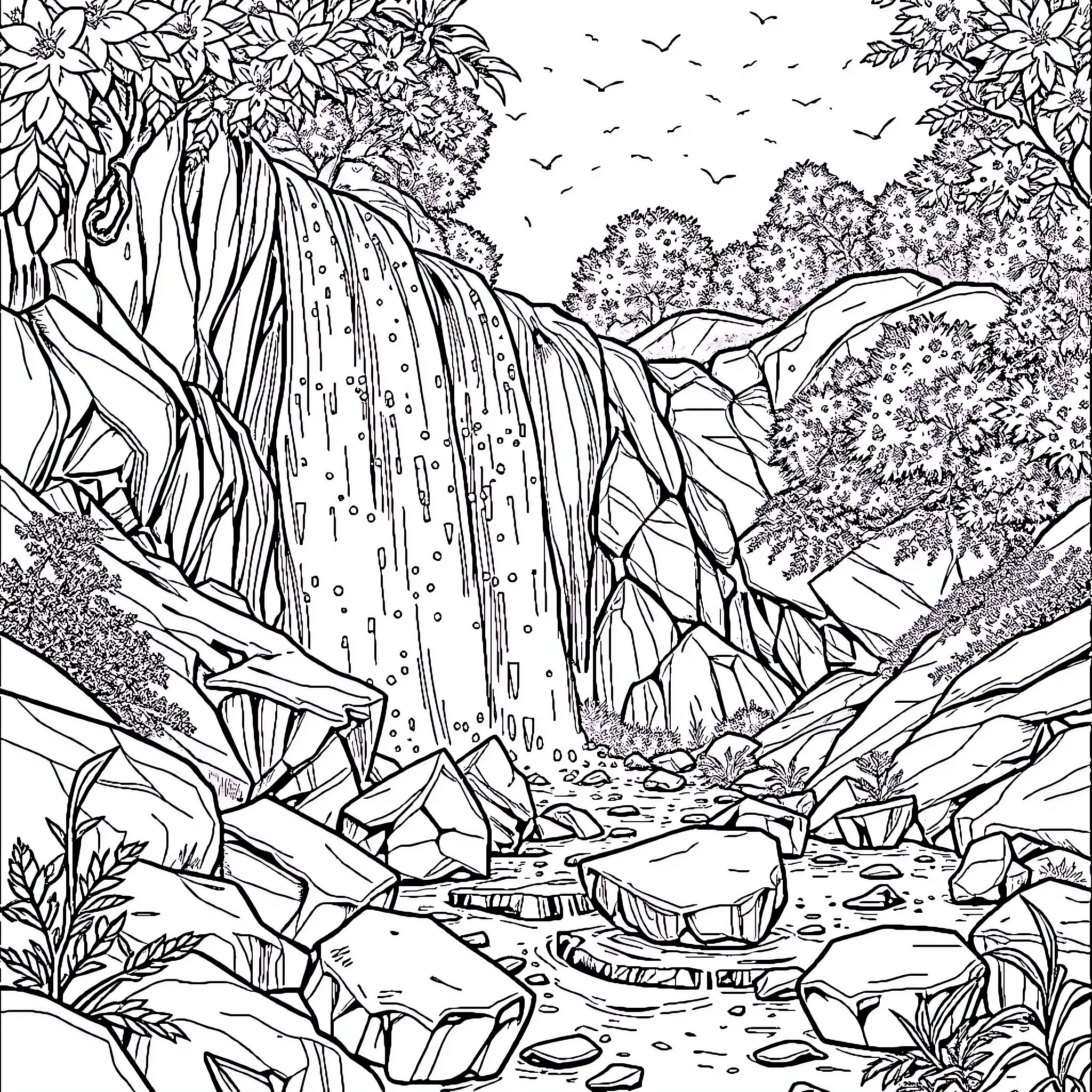 Waterfall in a lush, detailed nature scene Coloring Page (free black-and-white line drawing printable PDF for all, from beginners to advanced learners, including children, teens, adults, and seniors)