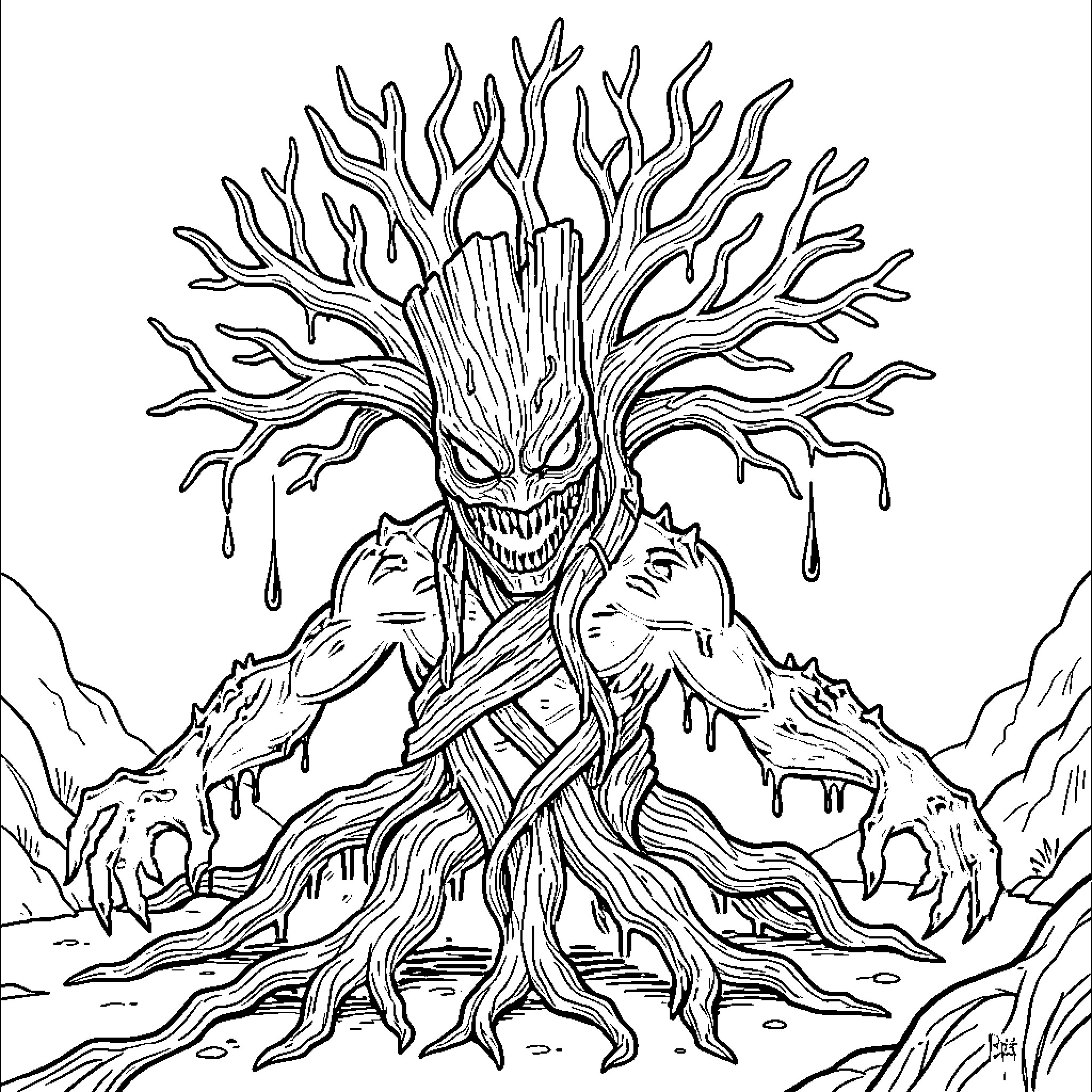 Groot's Menacing Appearance in Mysterious Landscape Coloring Page (free black-and-white line drawing printable PDF for all, from beginners to advanced learners, including children, teens, adults, and seniors)