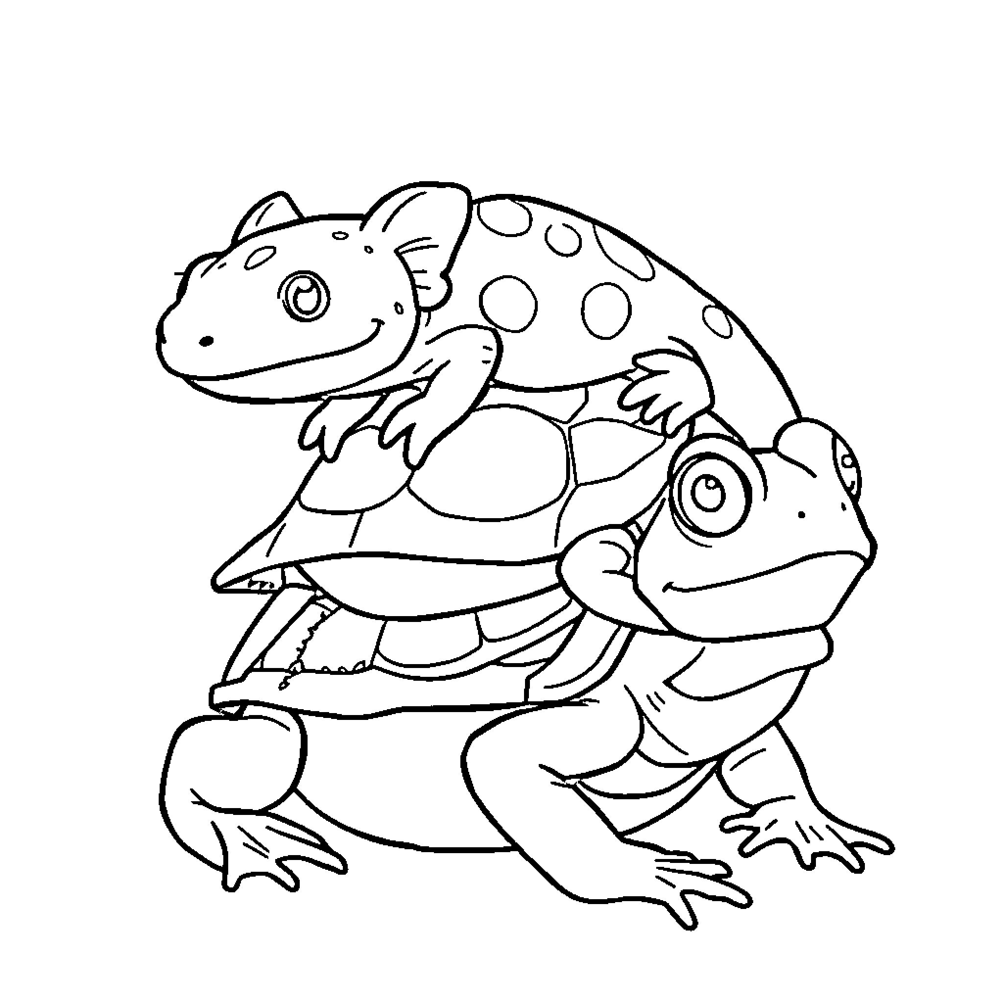 Axolotls playing together happily Coloring Page (free black-and-white line drawing printable PDF for all, from beginners to advanced learners, including children, teens, adults, and seniors)