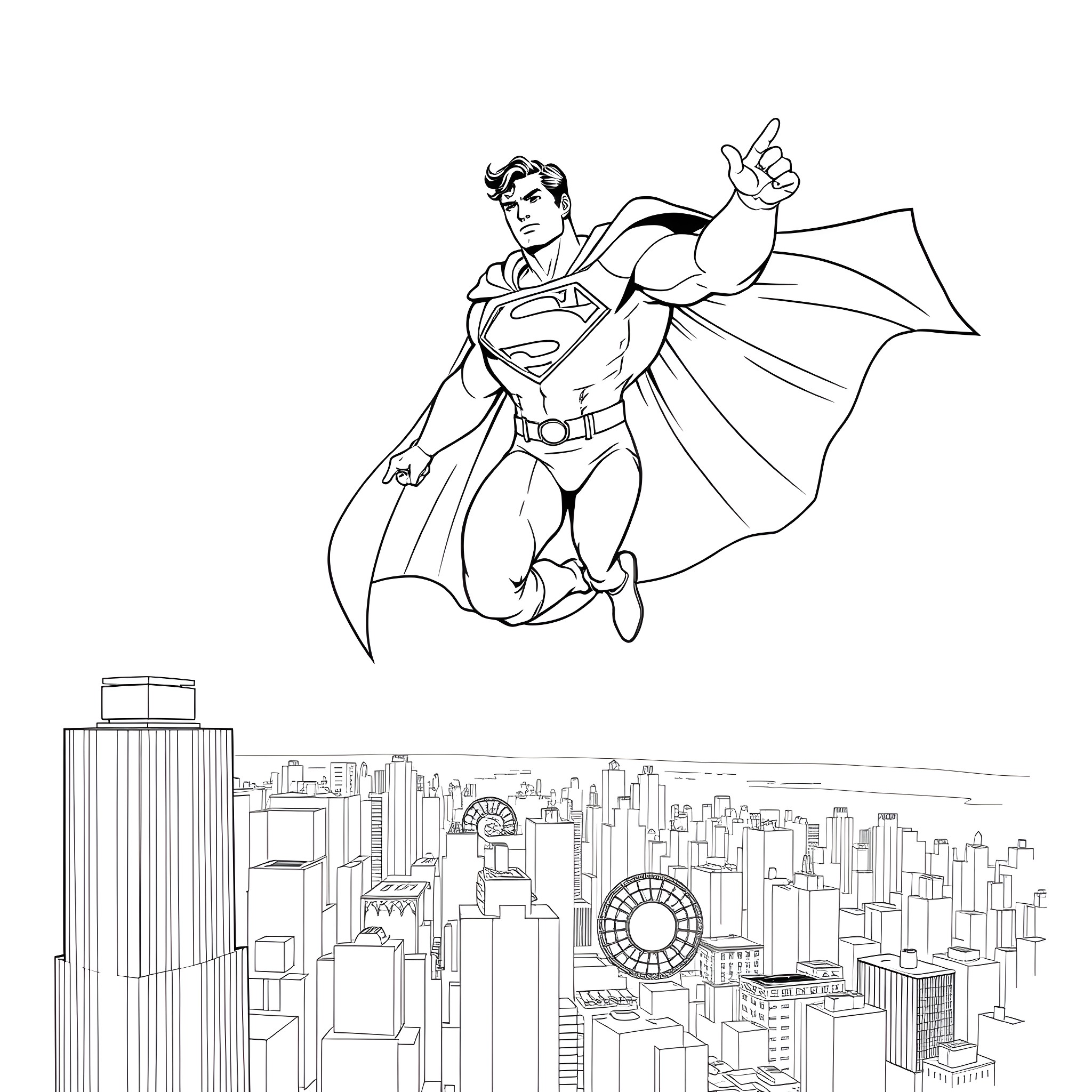 Superman soaring over the city skyline Coloring Page (free black-and-white line drawing printable PDF for all, from beginners to advanced learners, including children, teens, adults, and seniors)