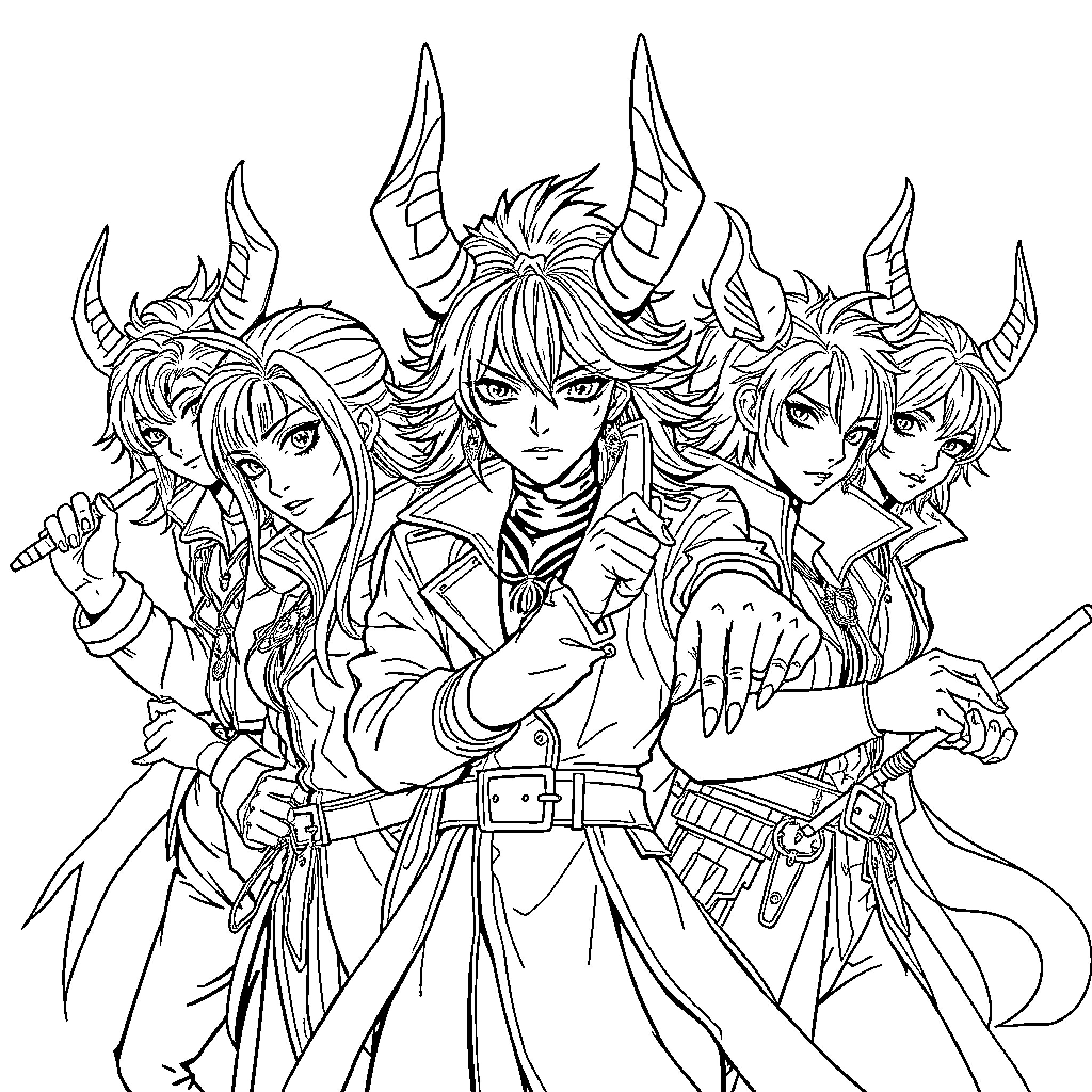 Demon Hunter Squad in Action Poses Coloring Page (free black-and-white line drawing printable PDF for all, from beginners to advanced learners, including children, teens, adults, and seniors)