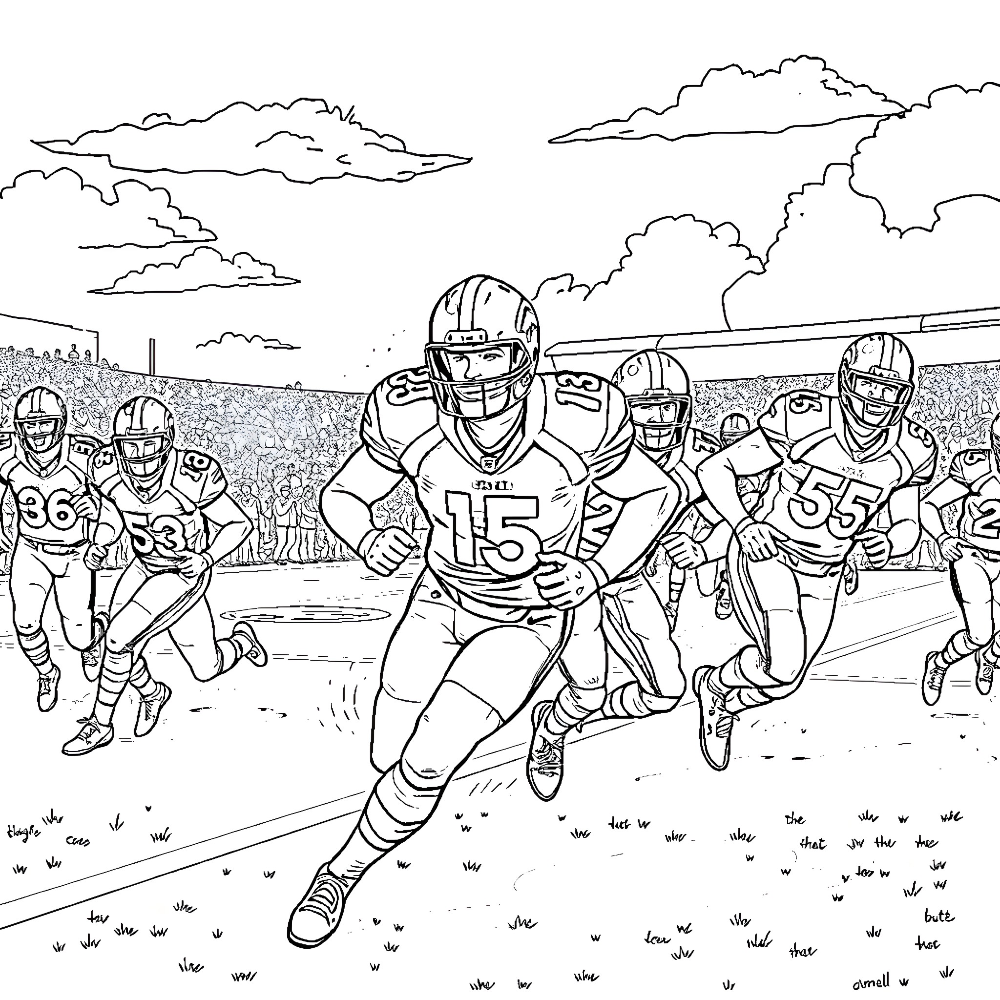 Bronco players competing on the field Coloring Page (free black-and-white line drawing printable PDF for all, from beginners to advanced learners, including children, teens, adults, and seniors)