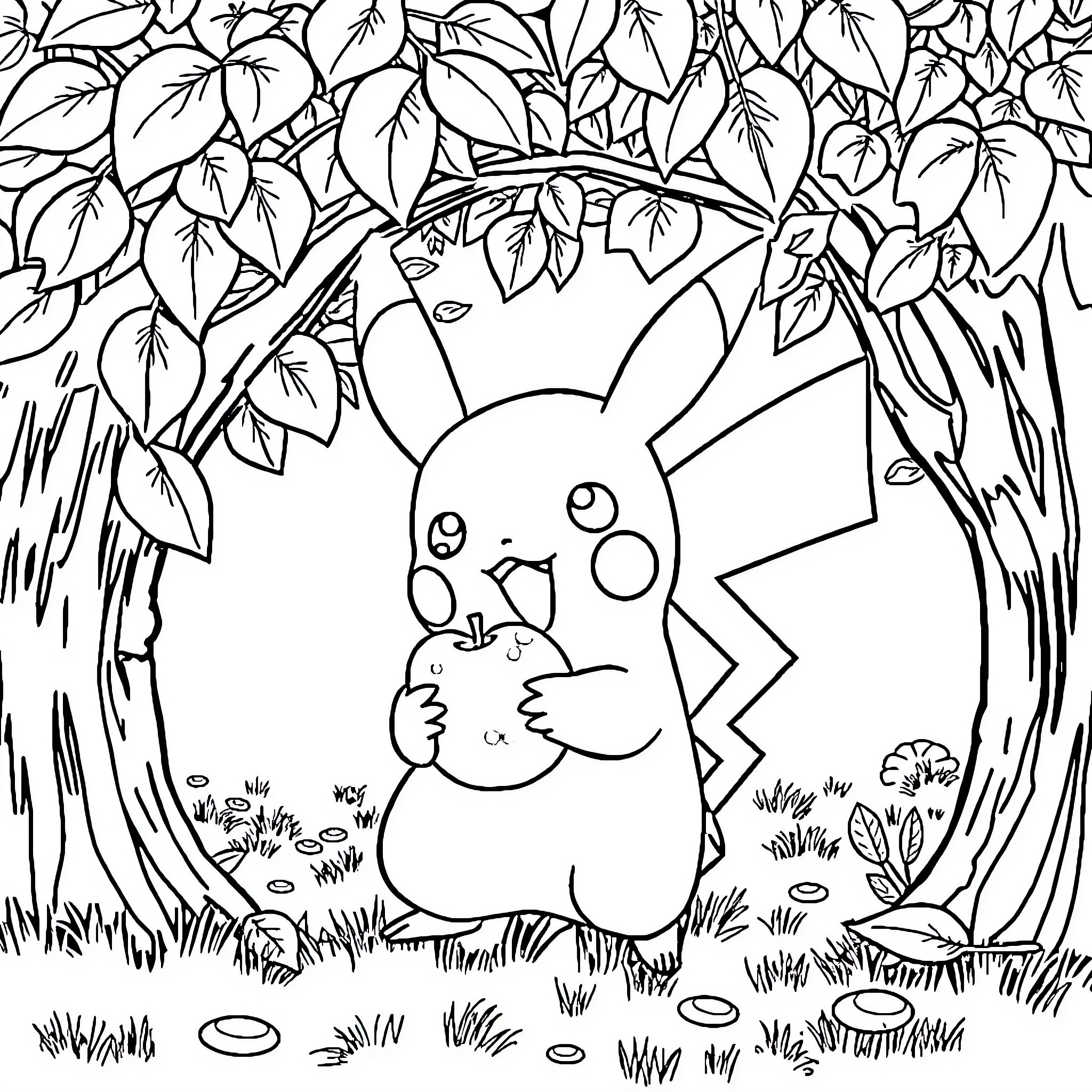 Pikachu exploring the forest Coloring Page (free black-and-white line drawing printable PDF for all, from beginners to advanced learners, including children, teens, adults, and seniors)