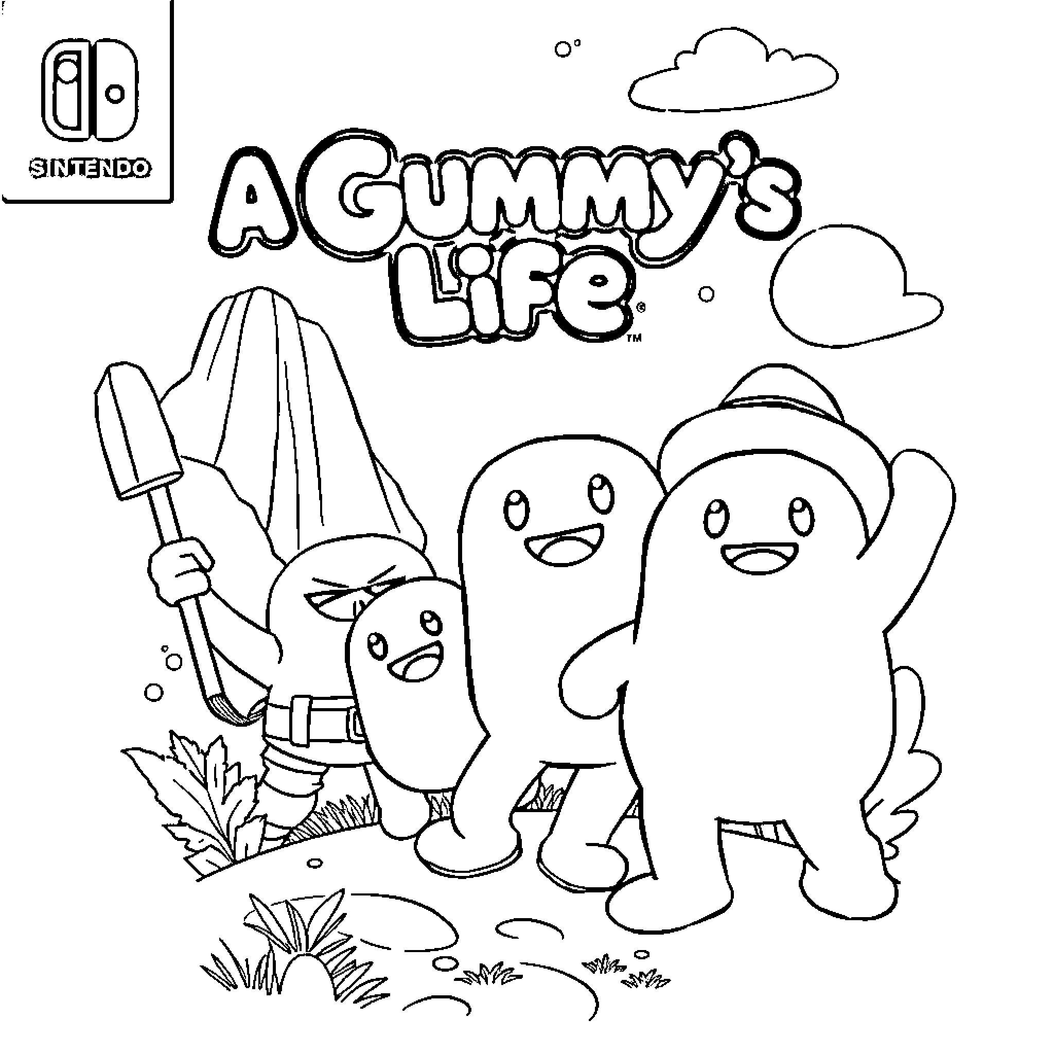 Gummy Characters Enjoying Outdoor Adventure Coloring Page (free black-and-white line drawing printable PDF for all, from beginners to advanced learners, including children, teens, adults, and seniors)