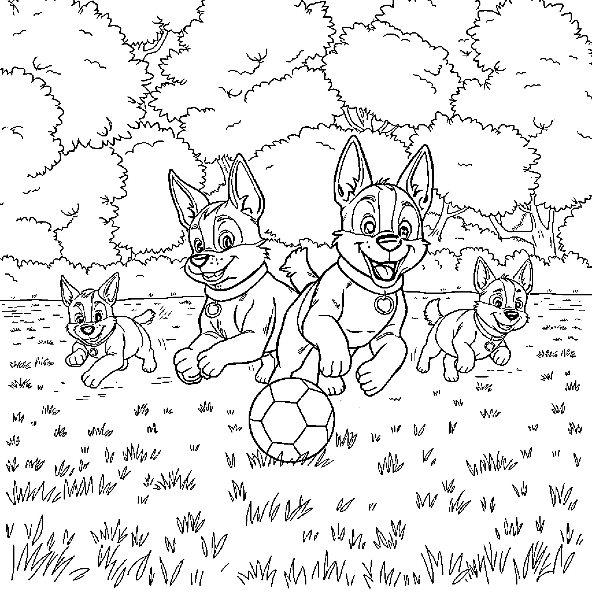 Paw Patrol Pups Playing with Soccer Ball in the Park Coloring Page (free black-and-white line drawing printable PDF for all, from beginners to advanced learners, including children, teens, adults, and seniors)