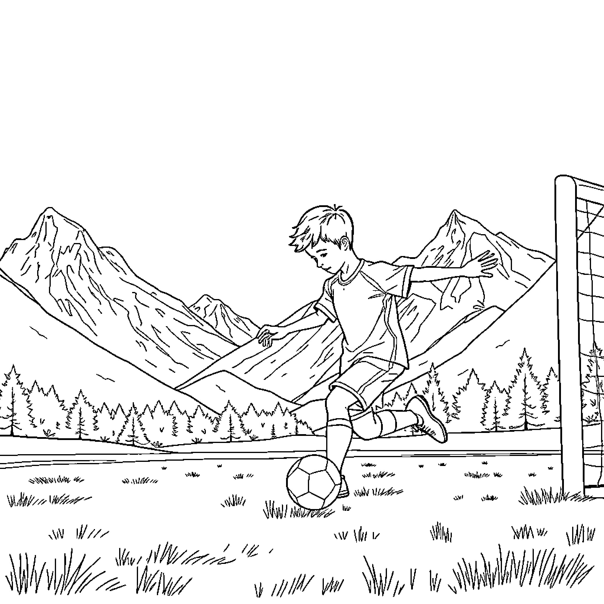 Boy playing soccer in a mountainous landscape Coloring Page (free black-and-white line drawing printable PDF for all, from beginners to advanced learners, including children, teens, adults, and seniors)