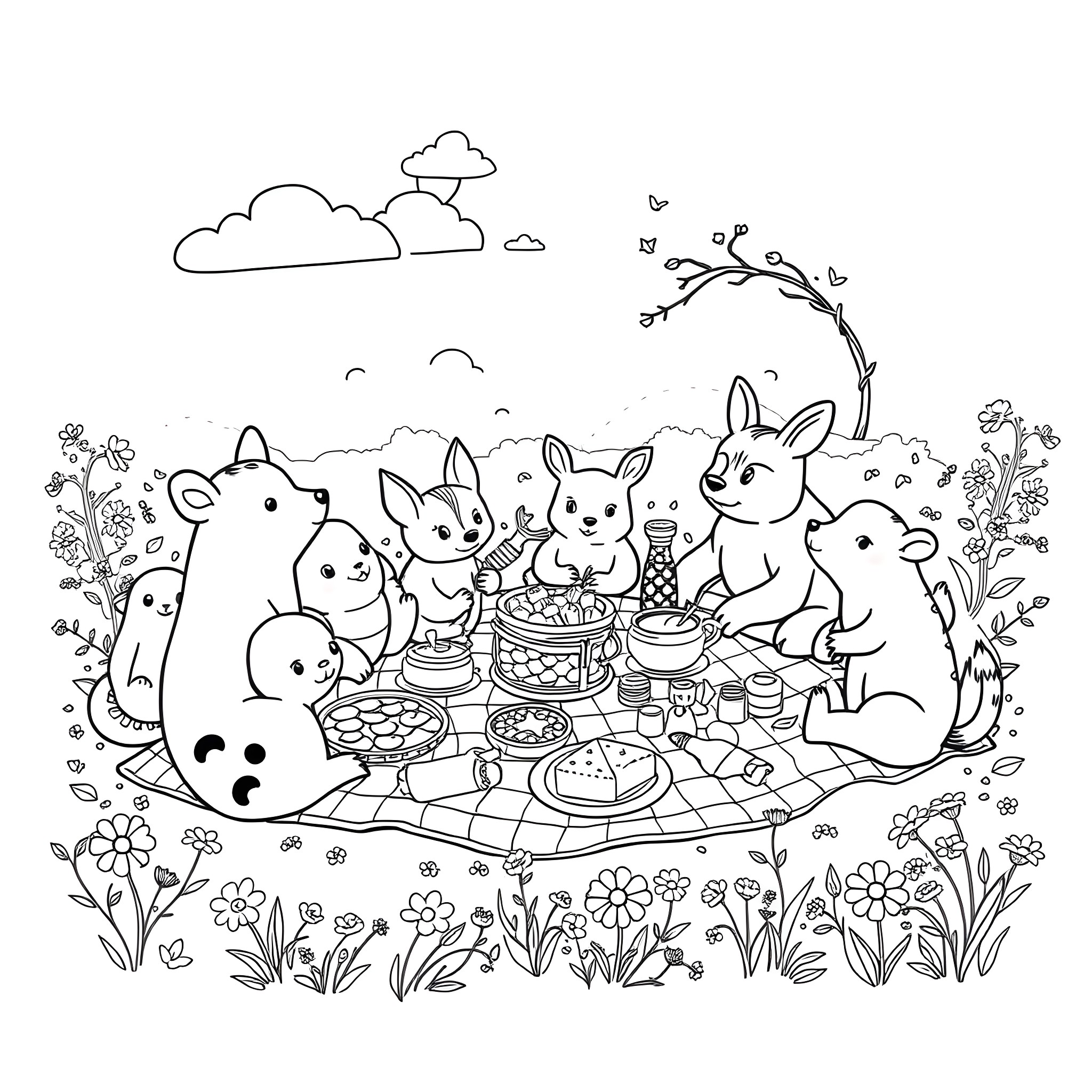 Animal family having a picnic in nature Coloring Page (free black-and-white line drawing printable PDF for all, from beginners to advanced learners, including children, teens, adults, and seniors)