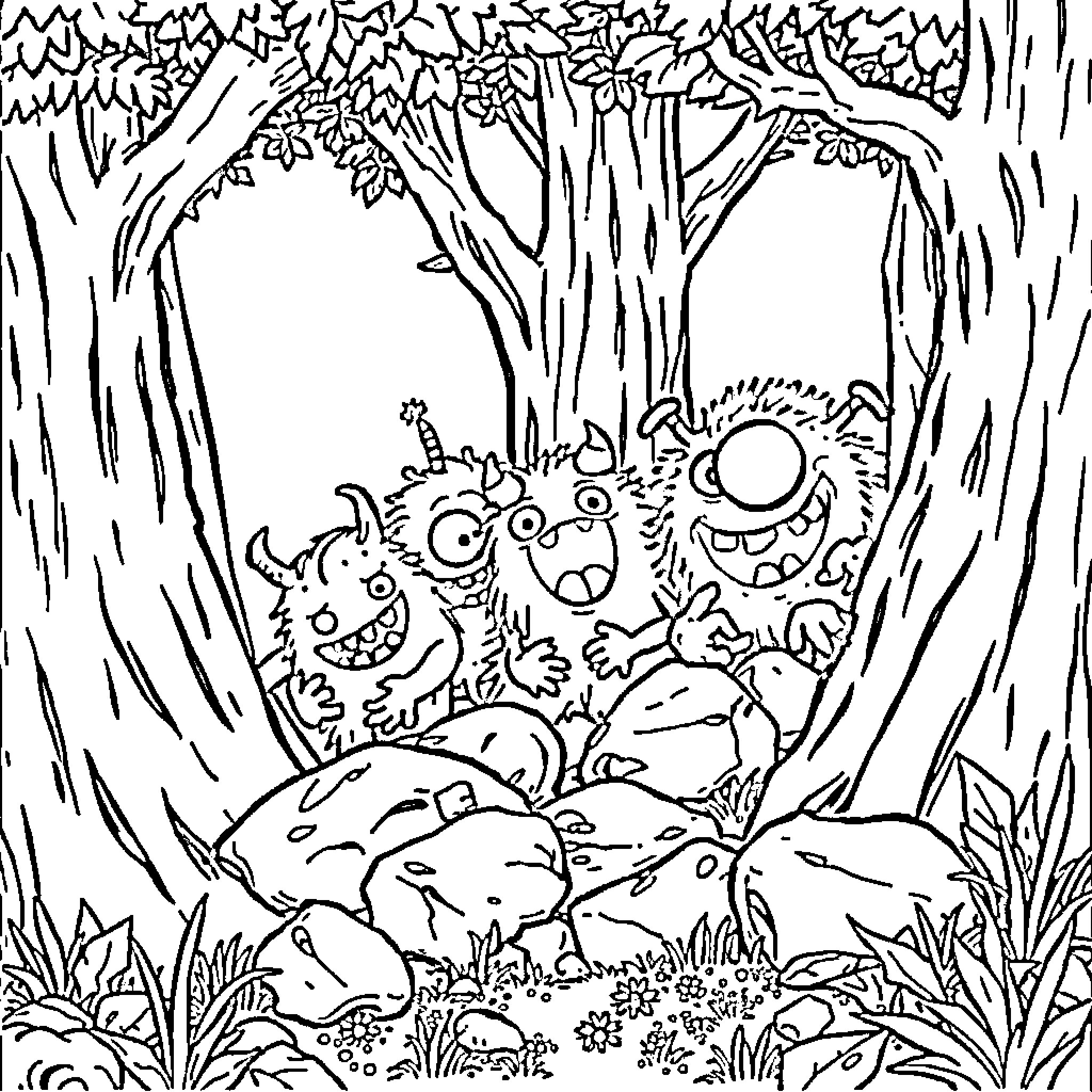 Monster family exploring enchanted forest Coloring Page (free black-and-white line drawing printable PDF for all, from beginners to advanced learners, including children, teens, adults, and seniors)