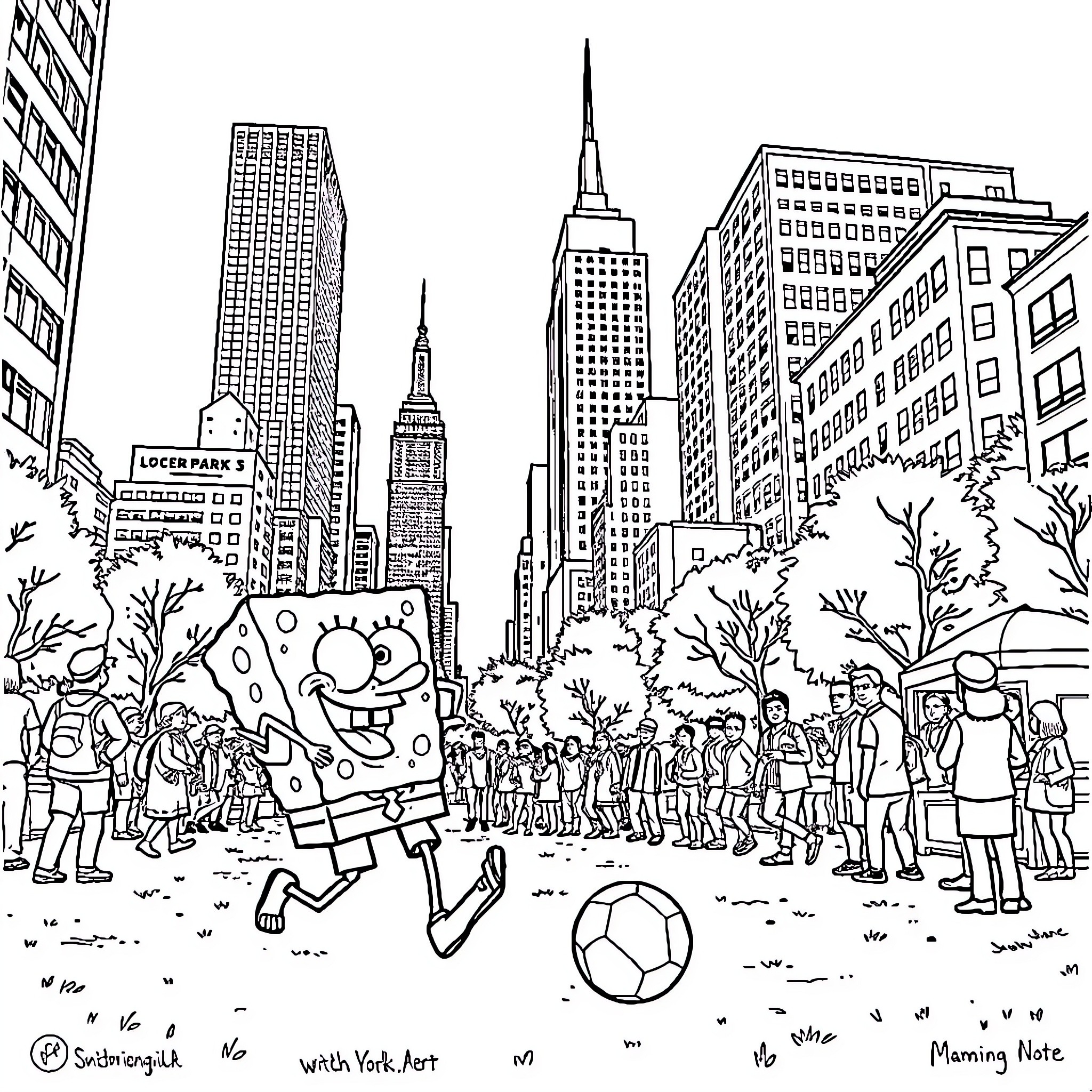 Spongebob playing soccer with friends in the city Coloring Page (free black-and-white line drawing printable PDF for all, from beginners to advanced learners, including children, teens, adults, and seniors)