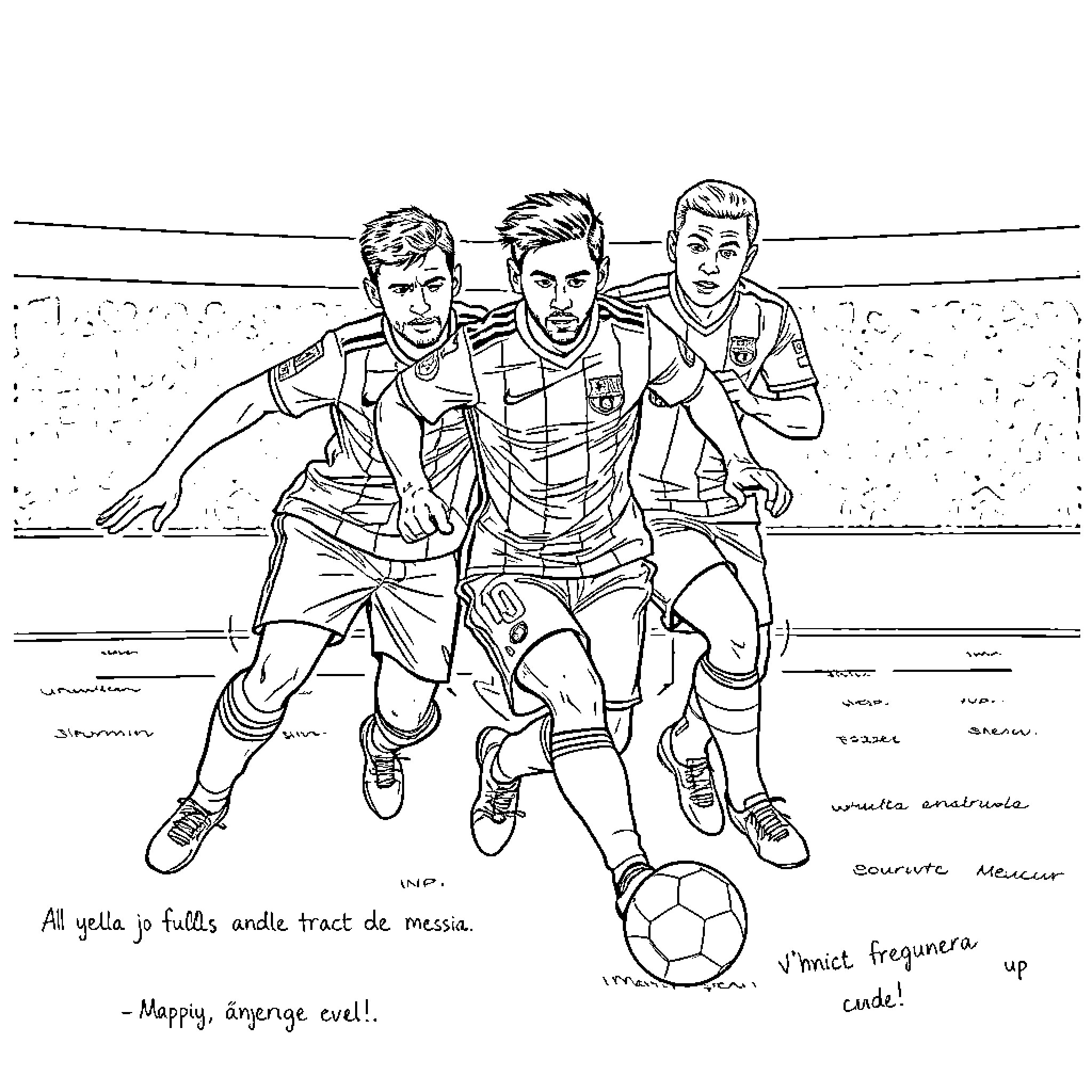 Futbol players competing in energetic match Coloring Page (free black-and-white line drawing printable PDF for all, from beginners to advanced learners, including children, teens, adults, and seniors)
