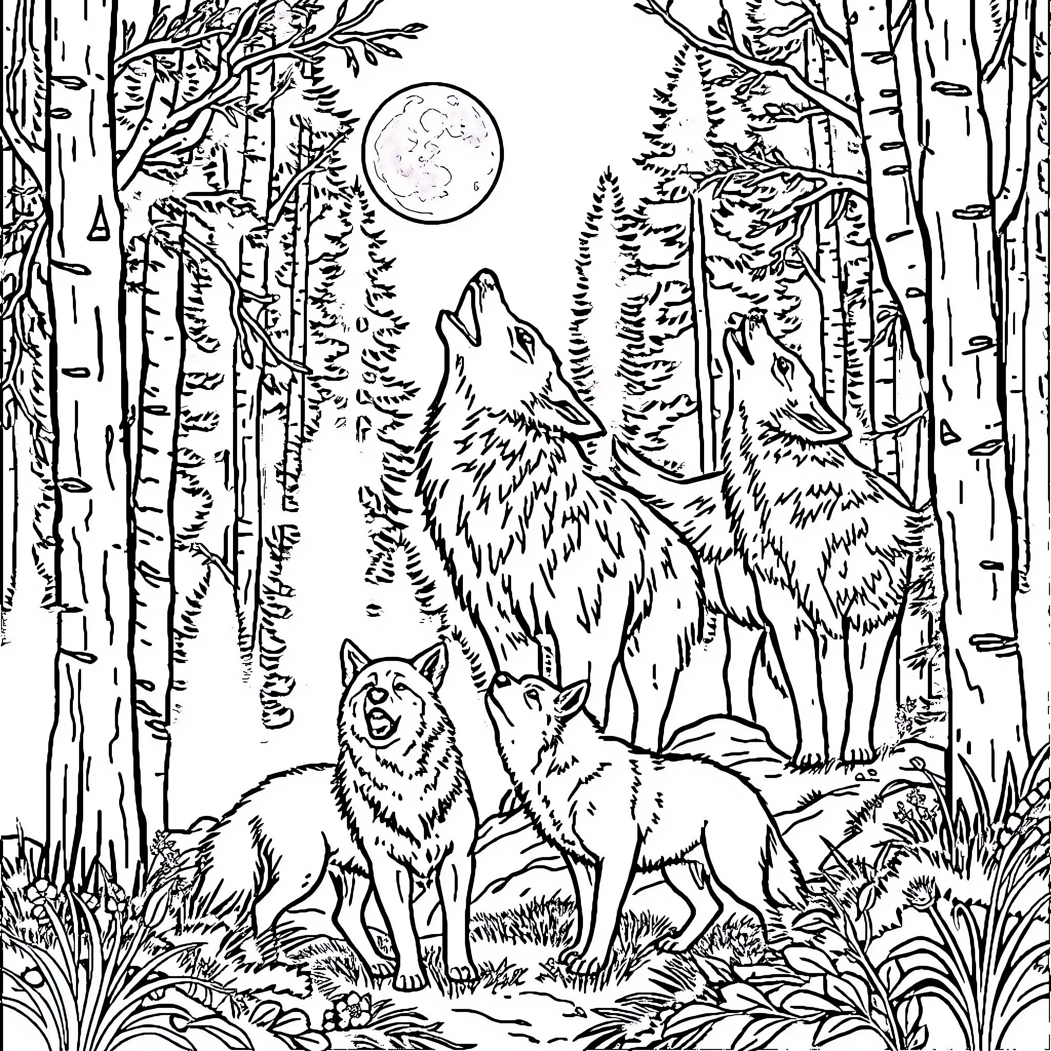 Wolf Pack Howling under the Moonlit Forest Coloring Page (free black-and-white line drawing printable PDF for all, from beginners to advanced learners, including children, teens, adults, and seniors)